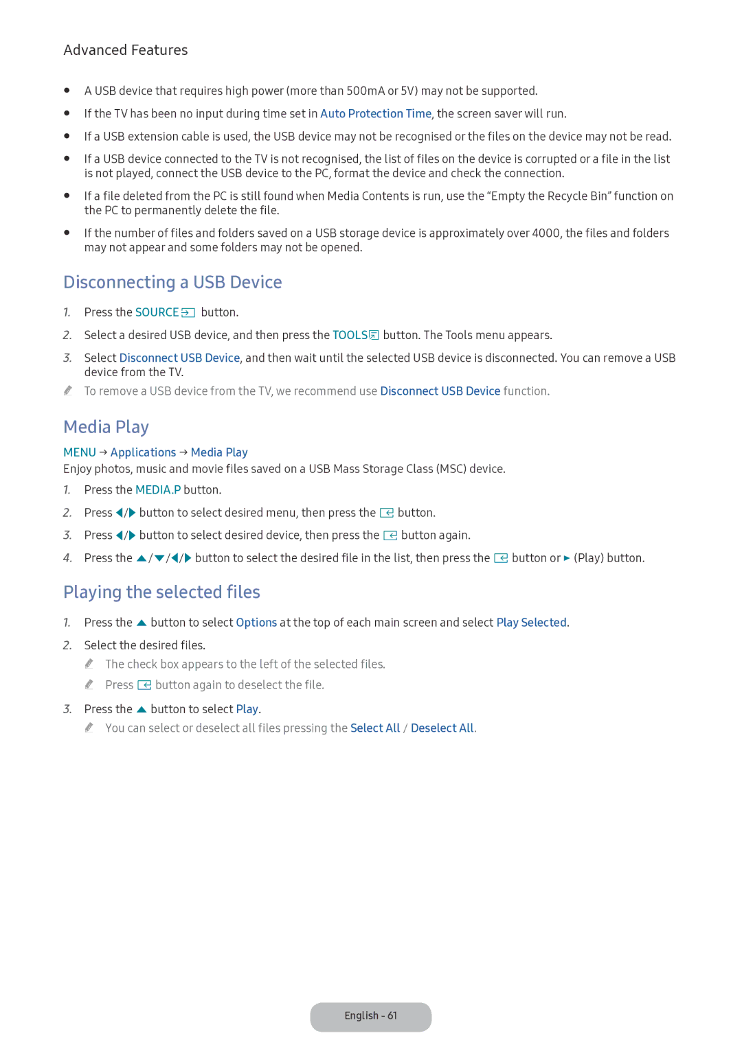 Samsung LV32F390FIXXRU manual Disconnecting a USB Device, Media Play, Playing the selected files 