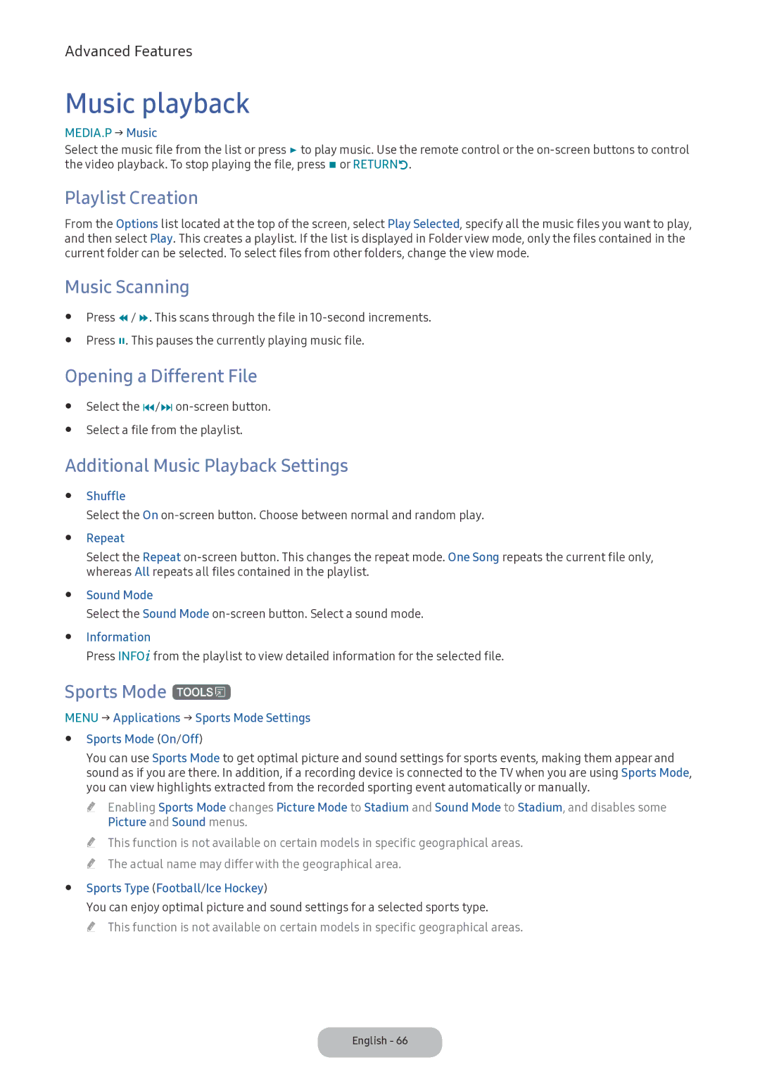 Samsung LV32F390FIXXRU manual Music playback, Music Scanning, Additional Music Playback Settings, Sports Mode t 