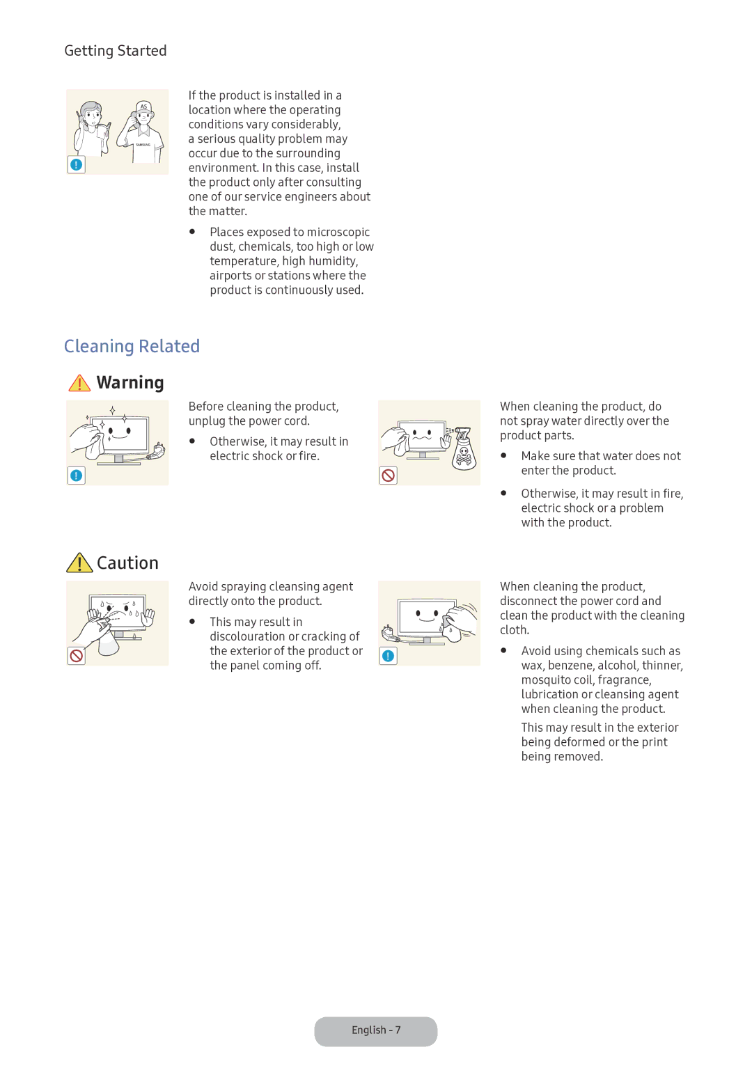 Samsung LV32F390FIXXRU manual Cleaning Related, Enter the product, Electric shock or a problem, With the product 