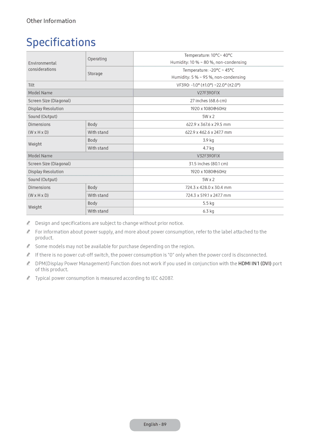 Samsung LV32F390FIXXRU manual Specifications 