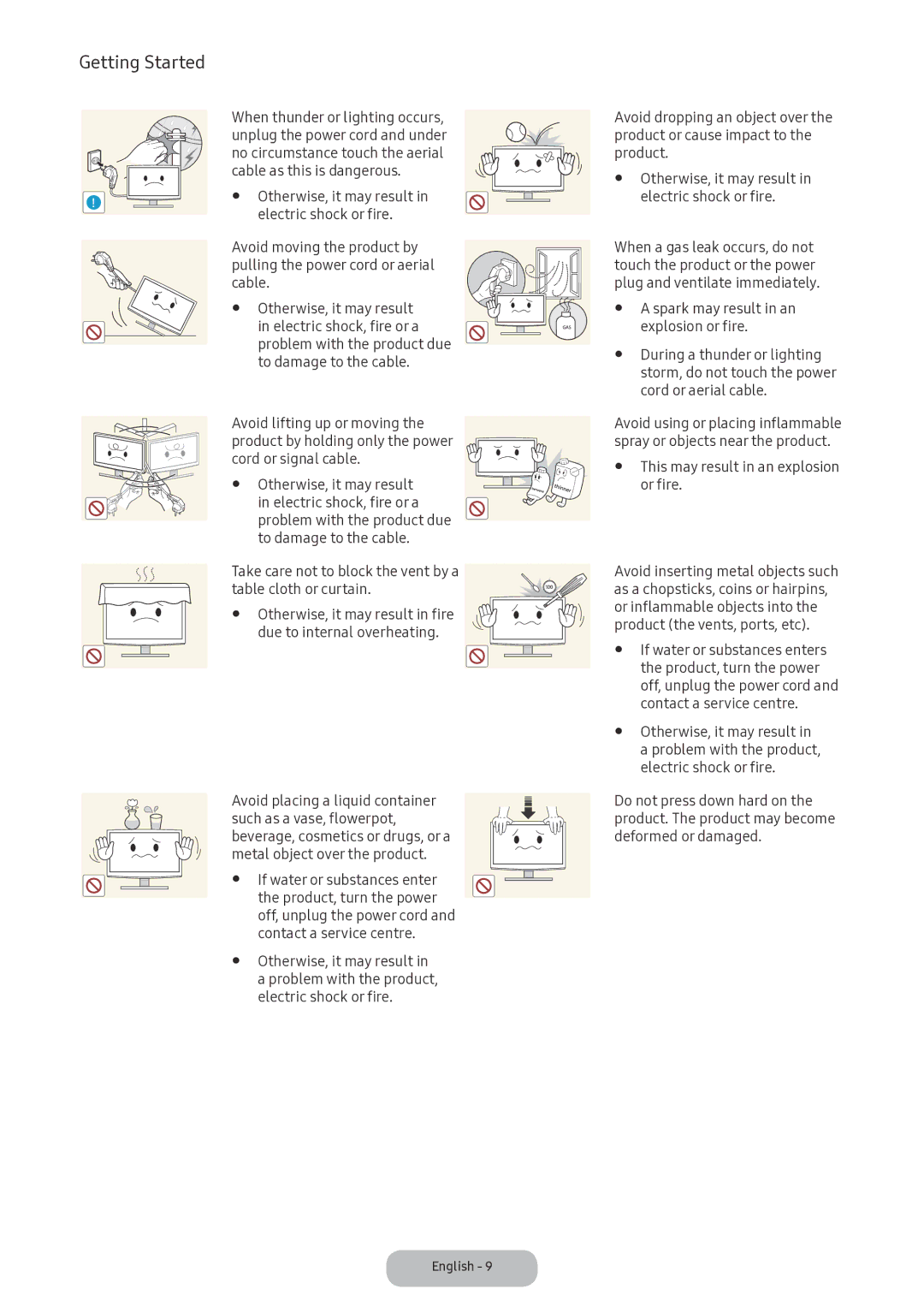 Samsung LV32F390FIXXRU Contact a service centre, Problem with the product, Electric shock or fire, Cord or aerial cable 