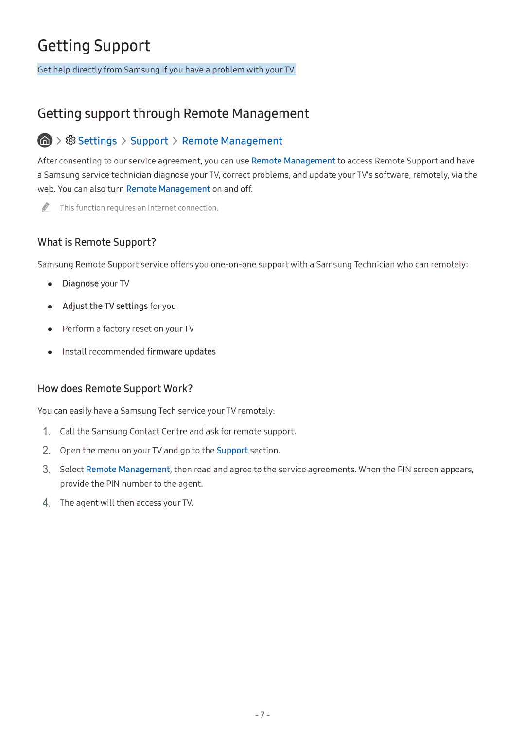 Samsung LT24H390SIXXRU Getting Support, Getting support through Remote Management, Settings Support Remote Management 