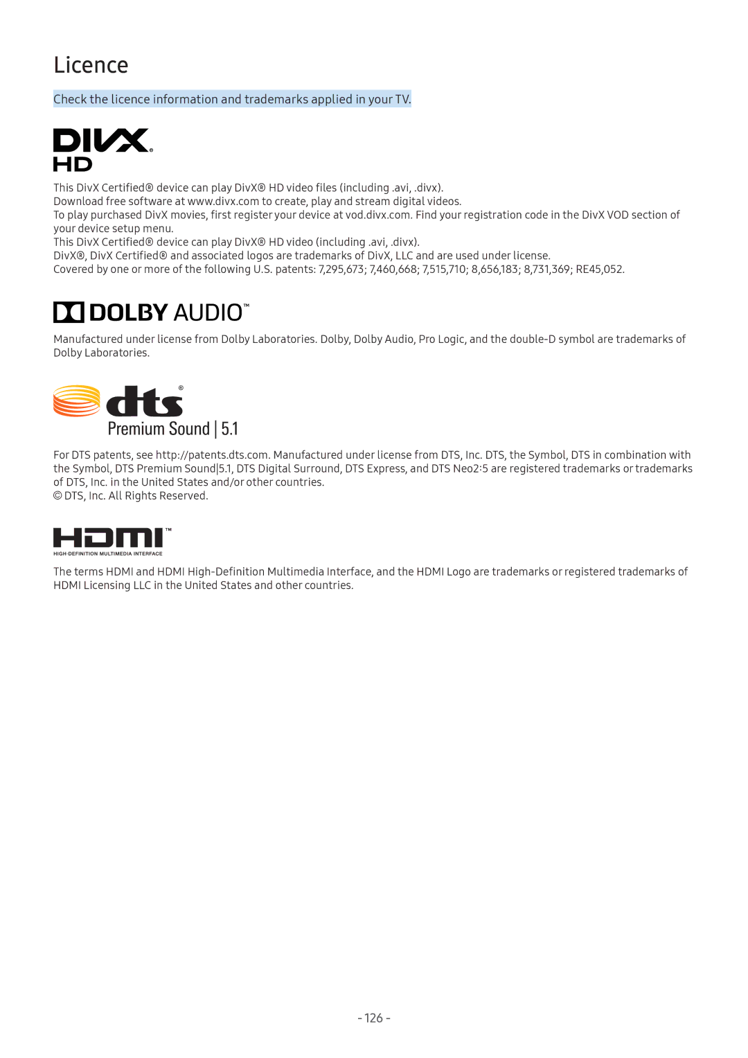 Samsung LV32F390SIXXRU, LT24H390SIXXRU, LT27H390SIXXRU manual Licence, 126 