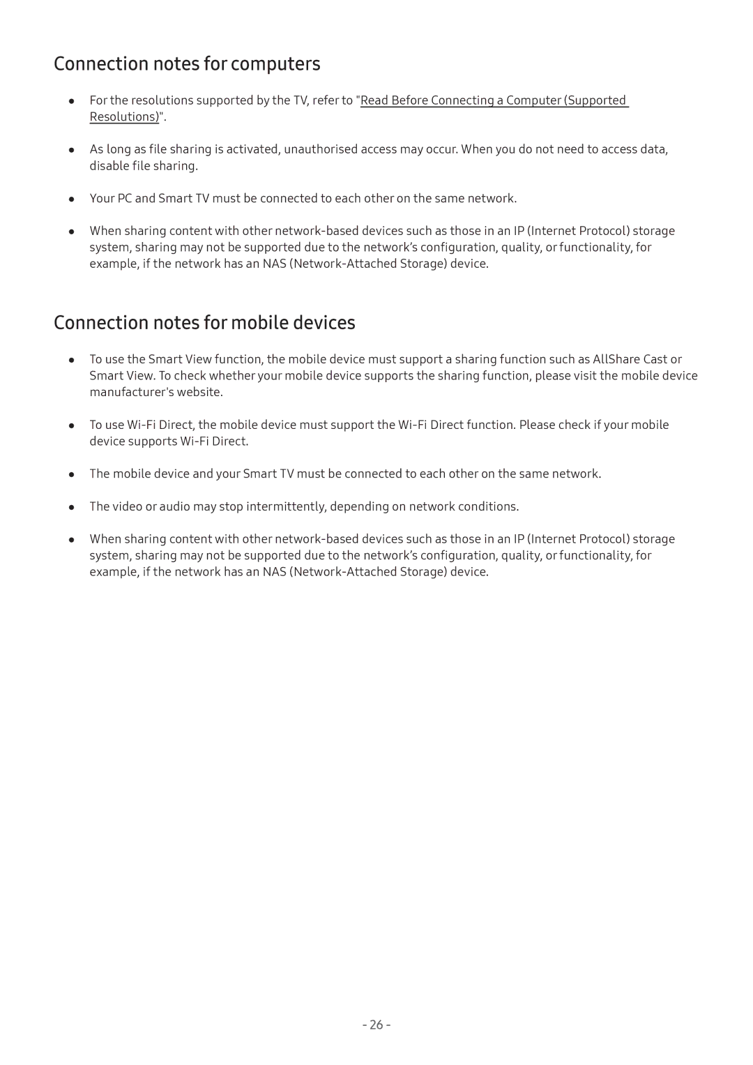 Samsung LT27H390SIXXRU, LV32F390SIXXRU, LT24H390SIXXRU Connection notes for computers, Connection notes for mobile devices 