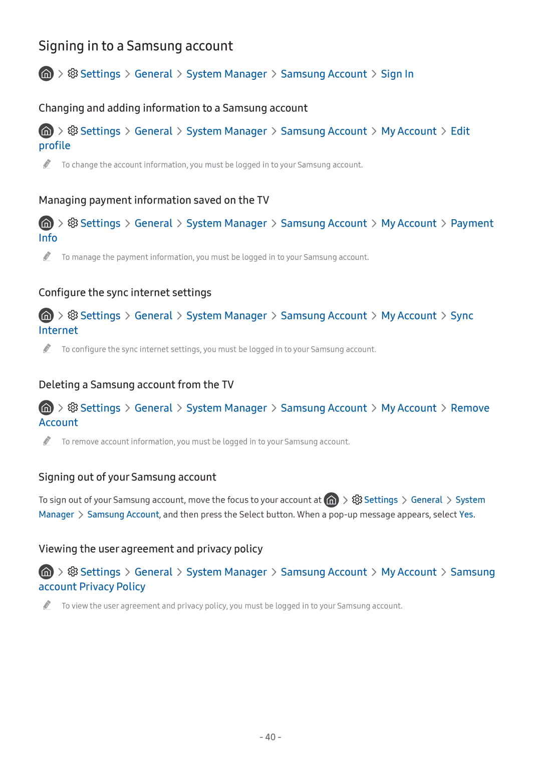 Samsung LT24H390SIXXRU manual Signing in to a Samsung account, Settings General System Manager Samsung Account Sign 