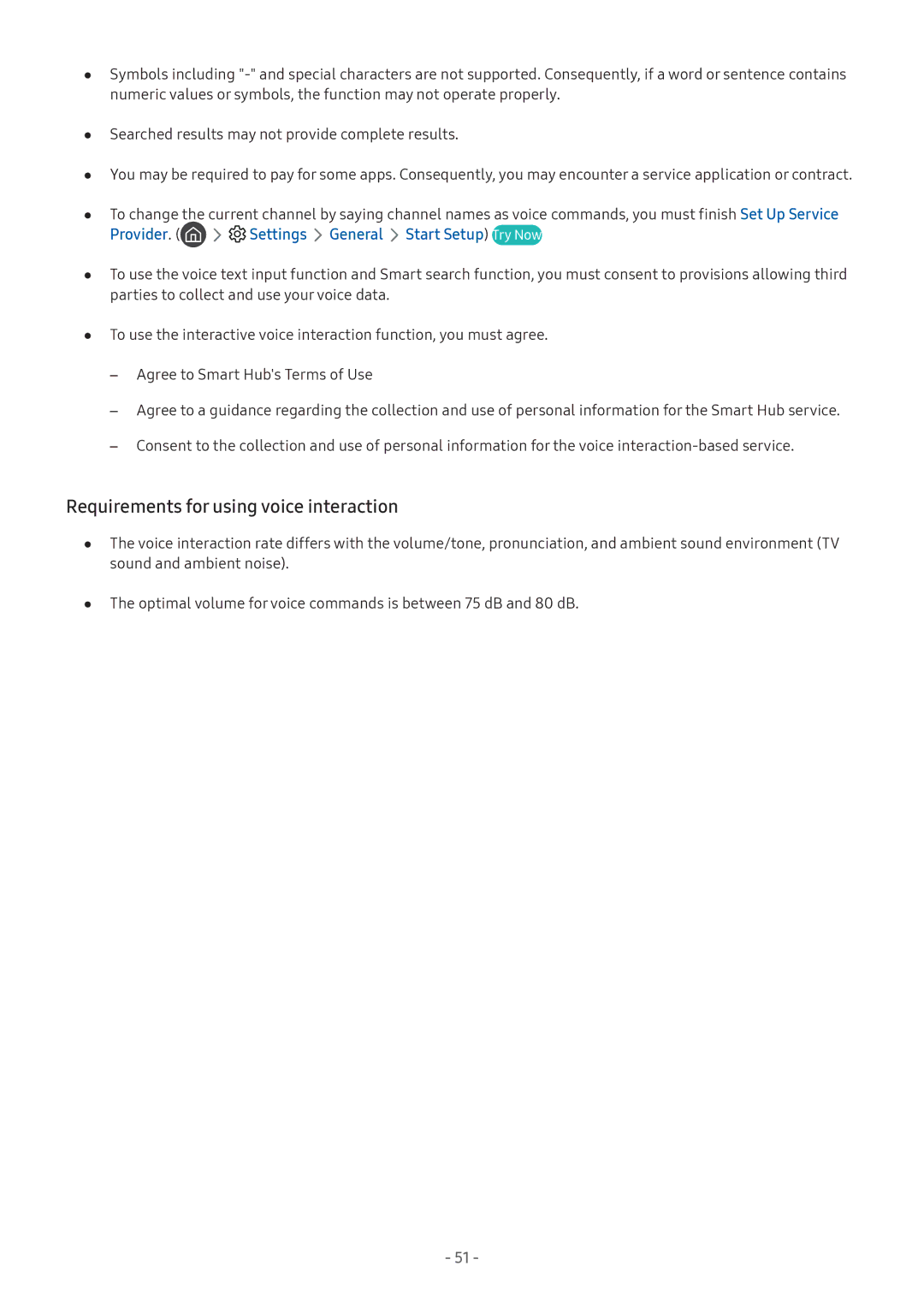 Samsung LV32F390SIXXRU manual Requirements for using voice interaction, Provider Settings General Start Setup Try Now 