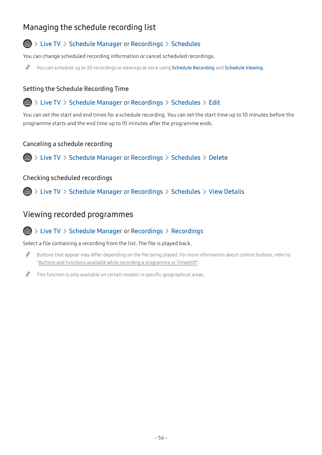 Samsung LT27H390SIXXRU, LV32F390SIXXRU, LT24H390SIXXRU Managing the schedule recording list, Viewing recorded programmes 