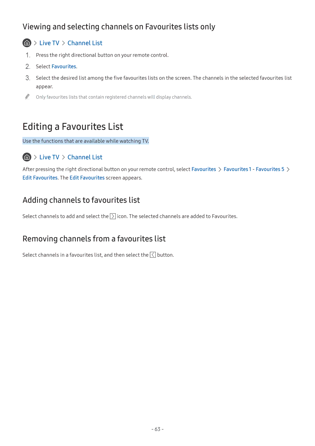 Samsung LV32F390SIXXRU, LT24H390SIXXRU Editing a Favourites List, Viewing and selecting channels on Favourites lists only 