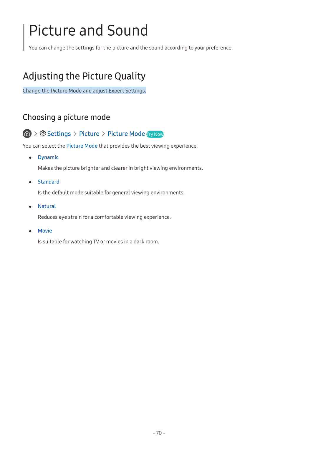 Samsung LT24H390SIXXRU manual Adjusting the Picture Quality, Choosing a picture mode, Settings Picture Picture Mode Try Now 
