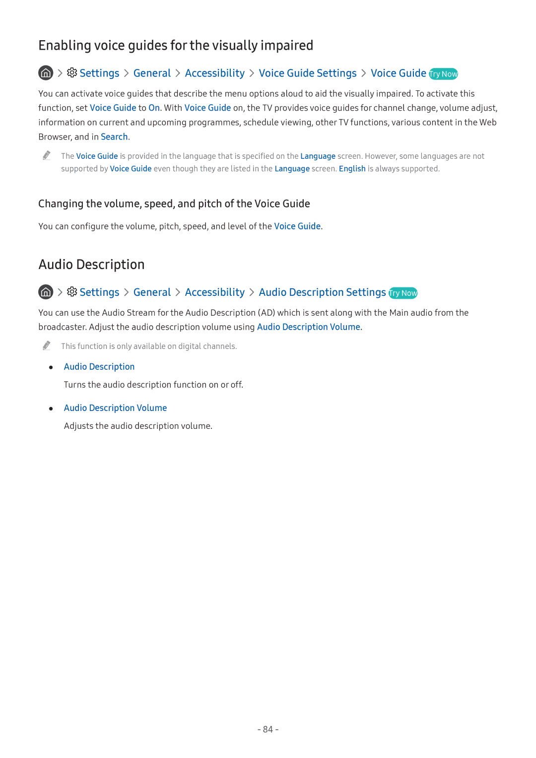 Samsung LV32F390SIXXRU, LT24H390SIXXRU manual Enabling voice guides for the visually impaired, Audio Description Volume 