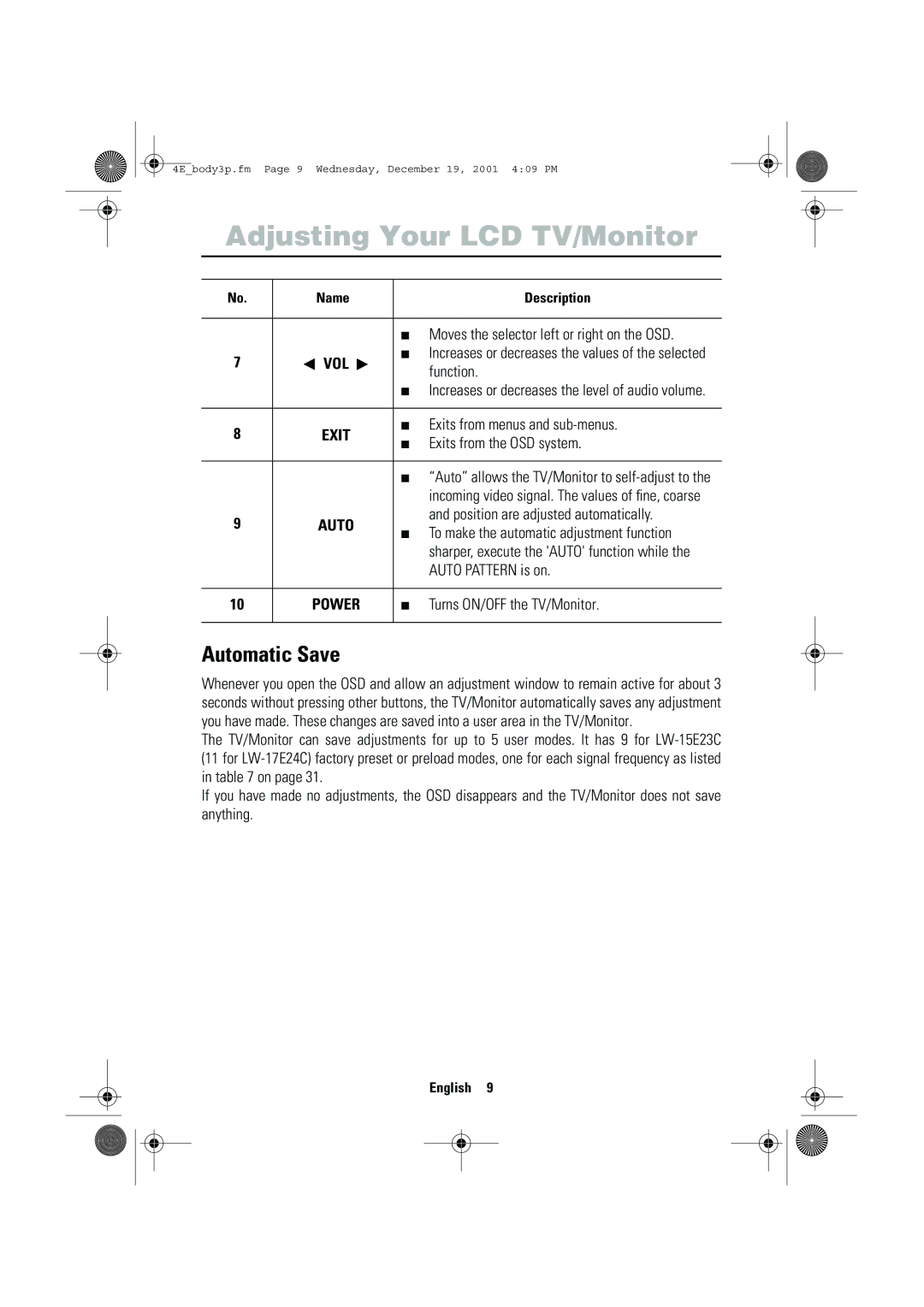 Samsung LW-15E23C, LW-17E24C user manual Automatic Save 