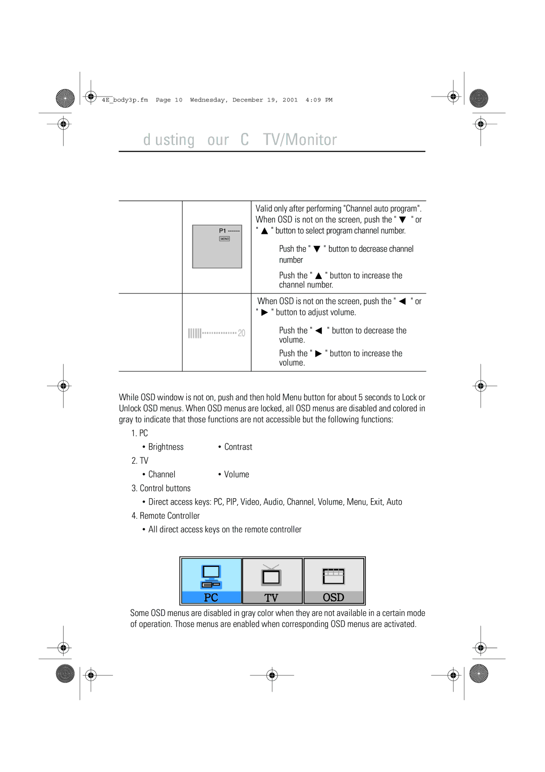 Samsung LW-17E24C Direct-Access Features, While you are watching full screen TV or in PIP mode, Initial OSD icons 