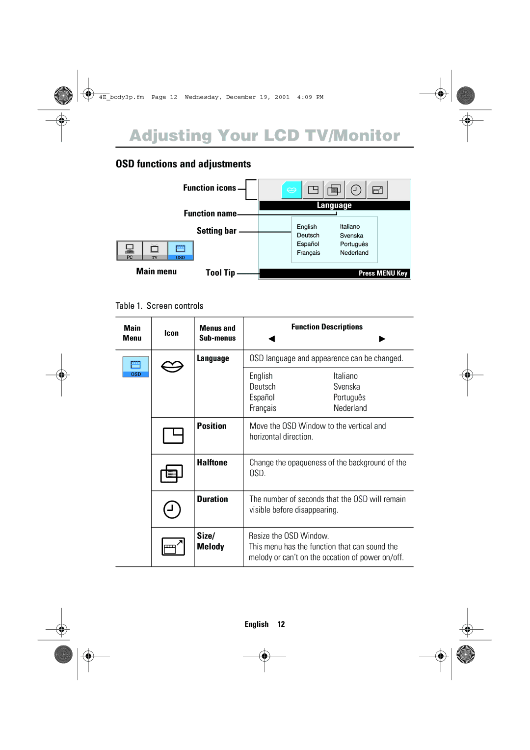 Samsung LW-17E24C OSD functions and adjustments, Setting bar, Tool Tip, Language, Position, Halftone, Duration, Size 