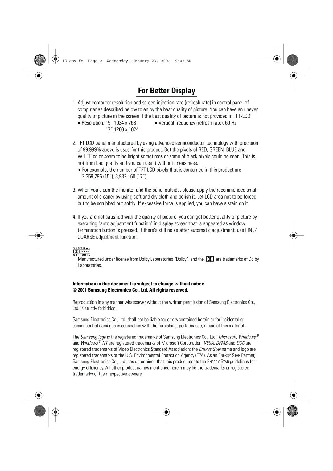 Samsung LW-17E24C, LW-15E23C user manual For Better Display, 1024 x, 1280 x 