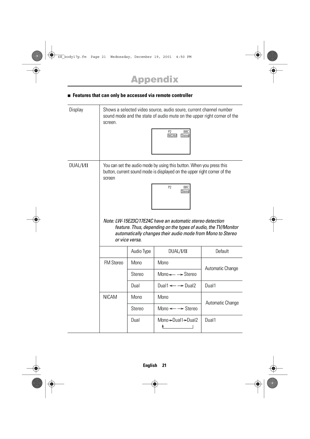 Samsung LW-15E23C, LW-17E24C user manual Features that can only be accessed via remote controller, Dual/ I/Ii, Nicam 