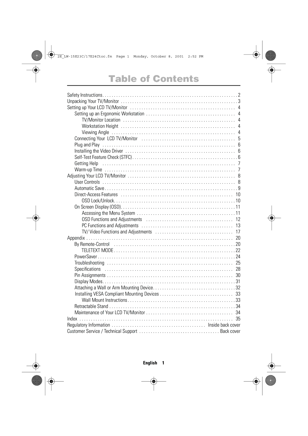 Samsung LW-15E23C, LW-17E24C user manual Table of Contents 