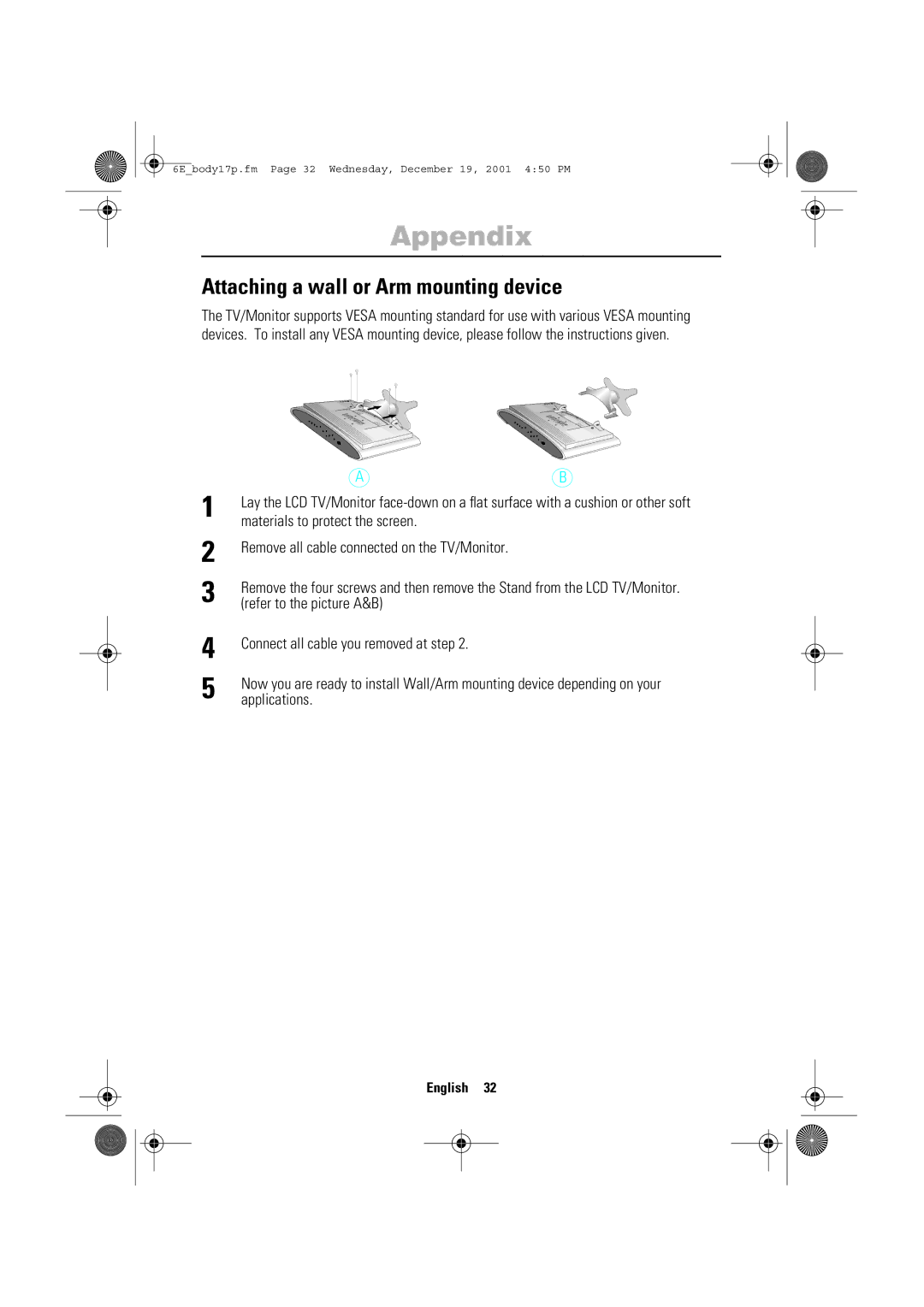 Samsung LW-17E24C, LW-15E23C user manual Attaching a wall or Arm mounting device 