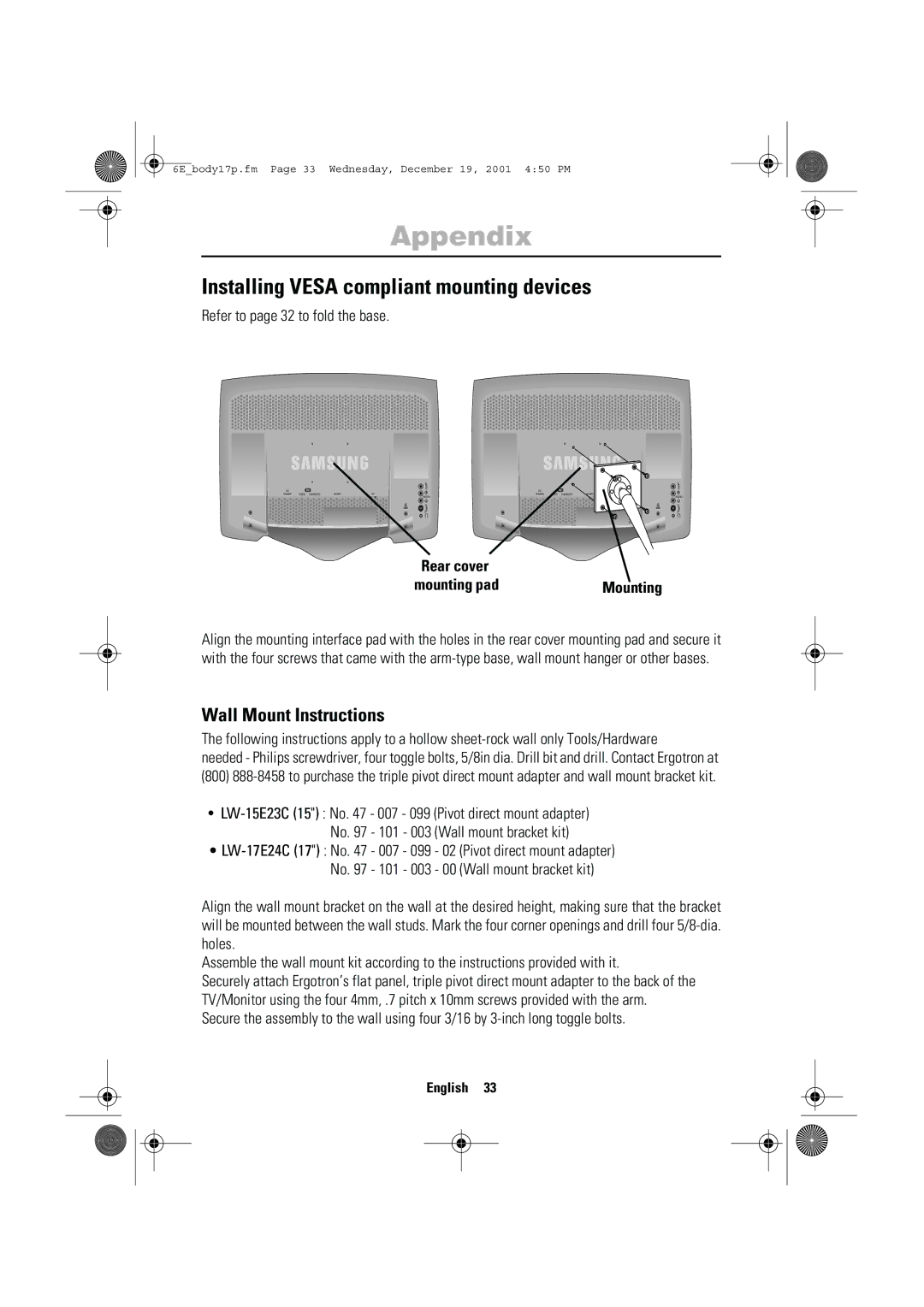 Samsung LW-15E23C, LW-17E24C user manual Installing Vesa compliant mounting devices, Refer to page 32 to fold the base 