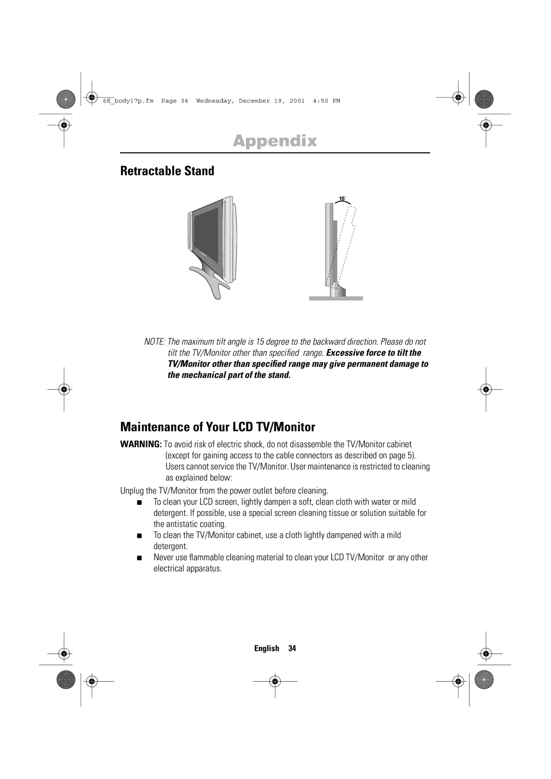 Samsung LW-17E24C, LW-15E23C user manual Retractable Stand, Maintenance of Your LCD TV/Monitor 