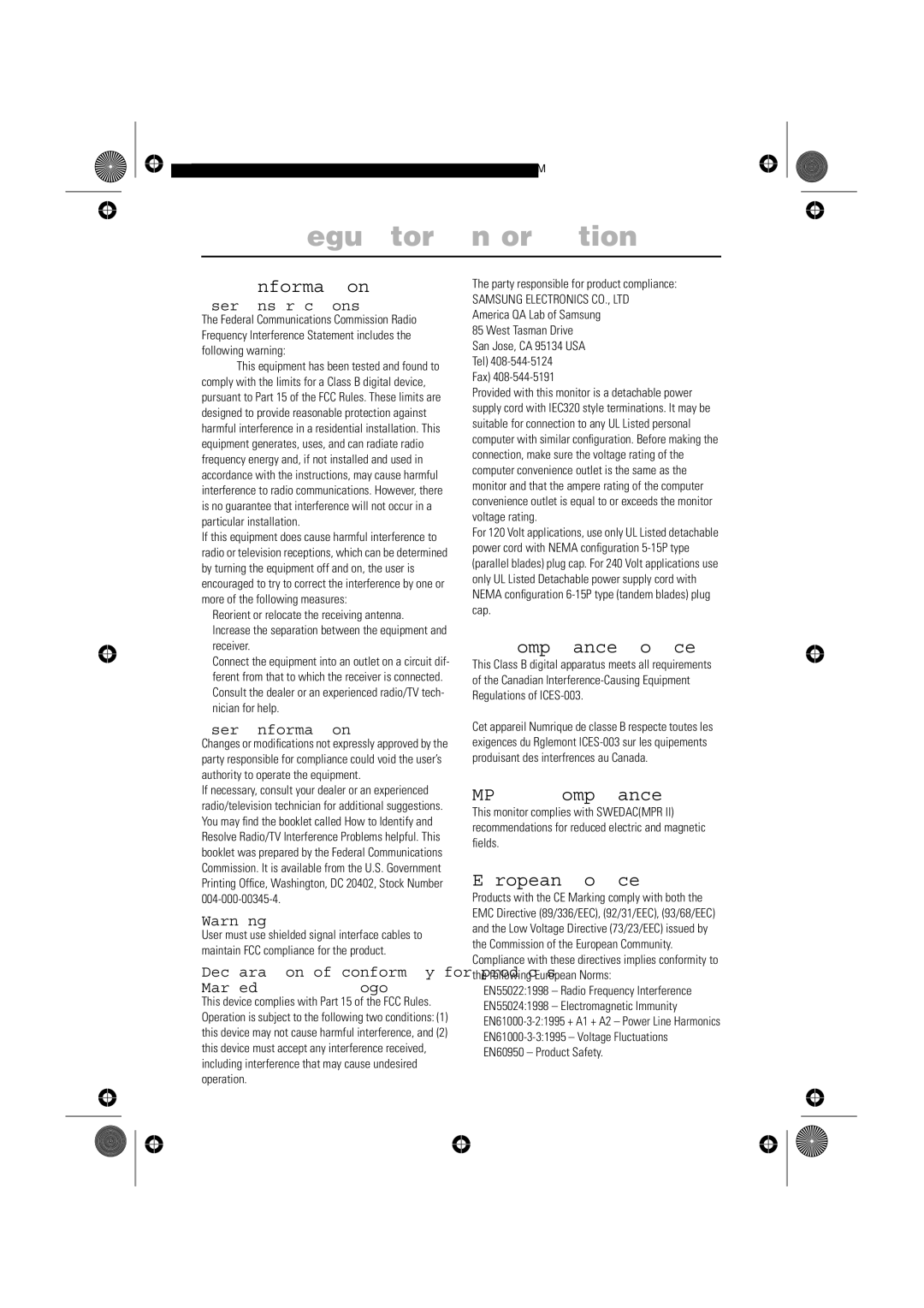 Samsung LW-17E24C User Instructions, User Information, Declaration of conformity for products Marked with FCC Logo 