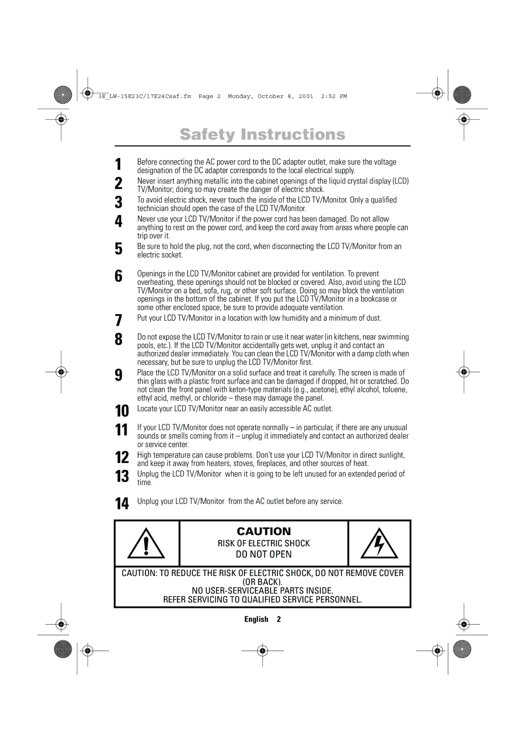 Samsung LW-17E24C, LW-15E23C user manual From the AC outlet before any service, Risk of Electric Shock 