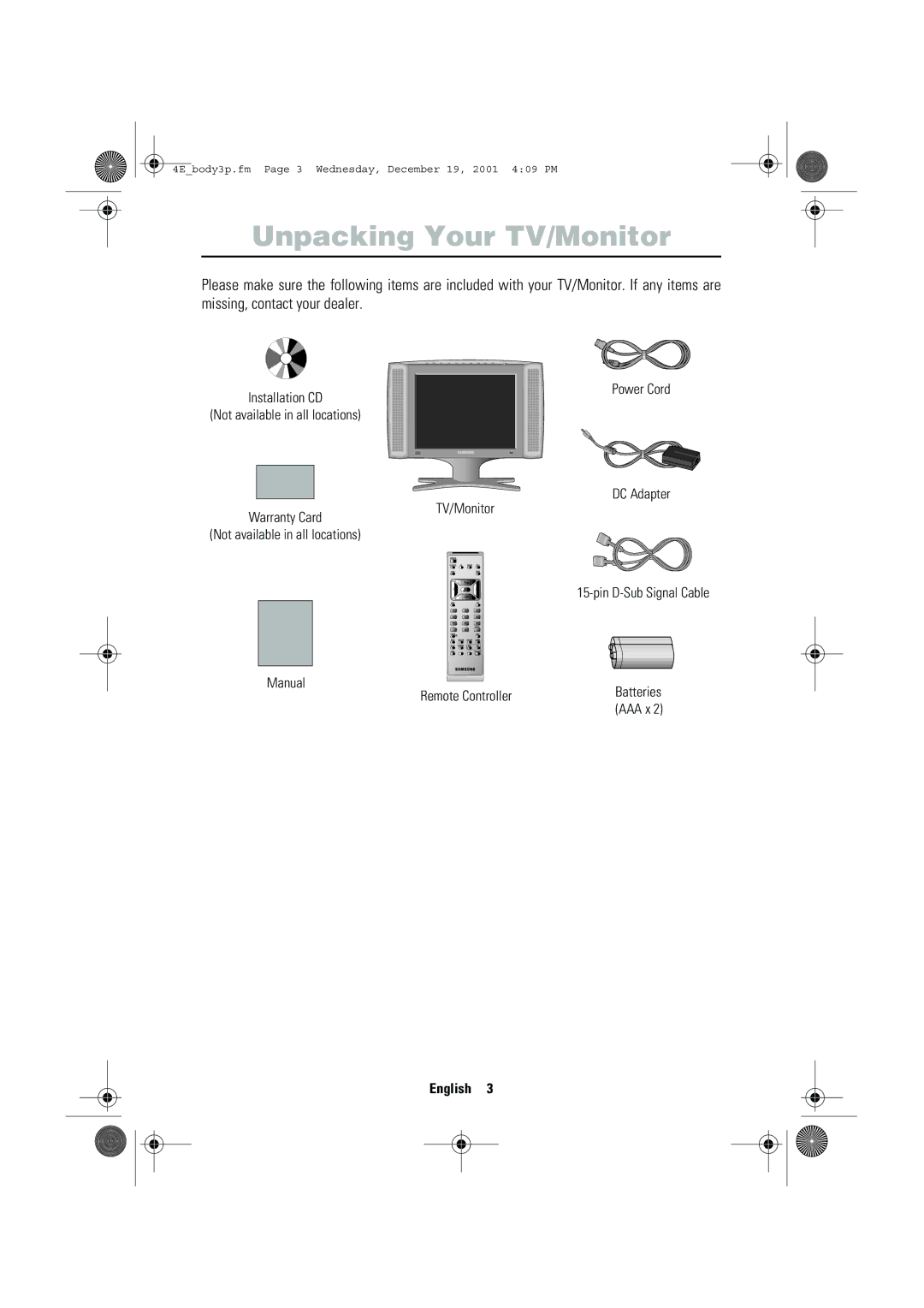 Samsung LW-15E23C, LW-17E24C user manual Unpacking Your TV/Monitor 