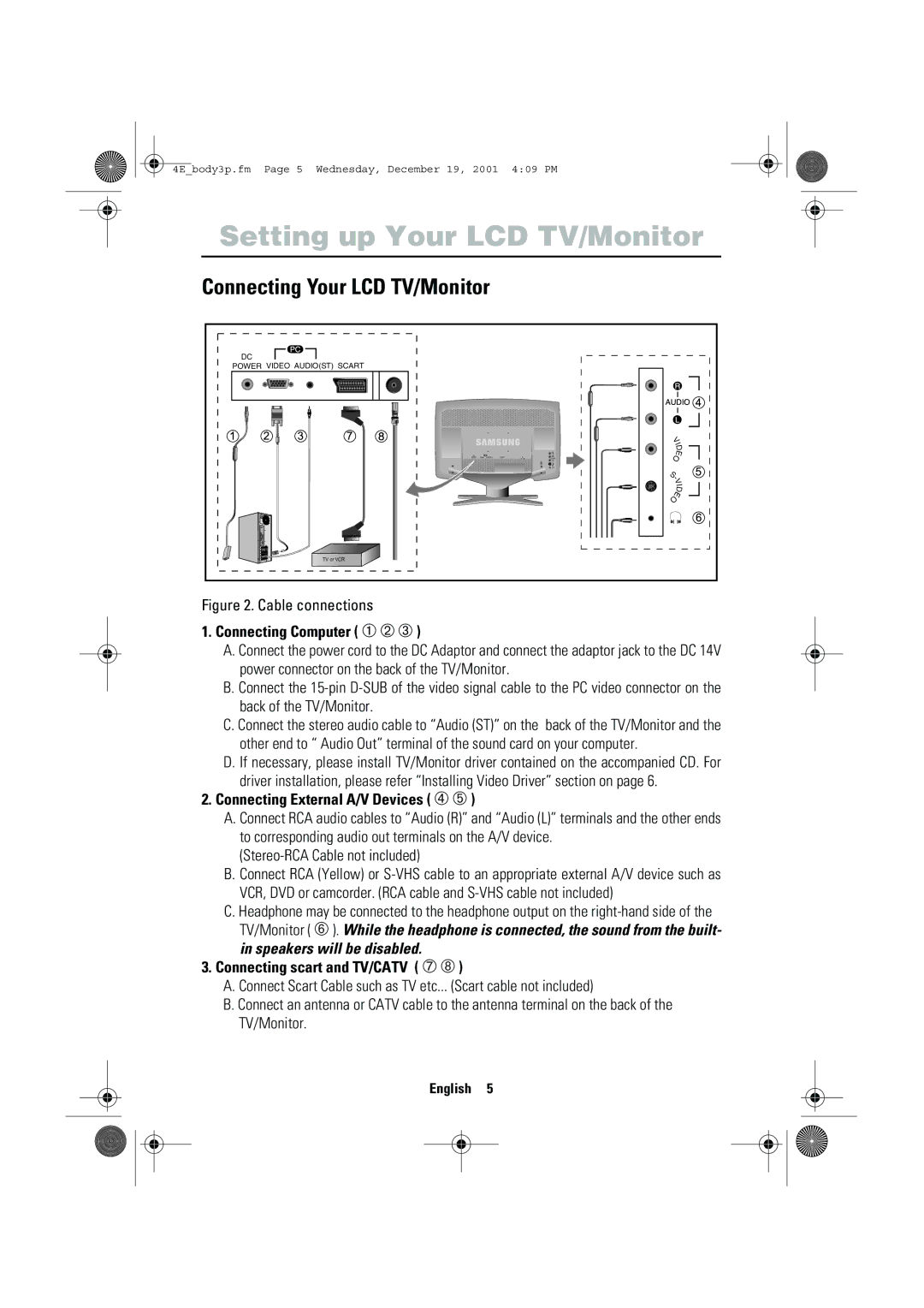 Samsung LW-15E23C Connecting Your LCD TV/Monitor, Connecting Computer ➀ ➁ ➂, Connecting External A/V Devices ➃ ➄ 