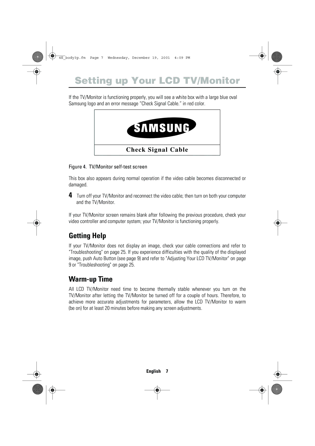 Samsung LW-15E23C, LW-17E24C user manual Getting Help, Warm-up Time 