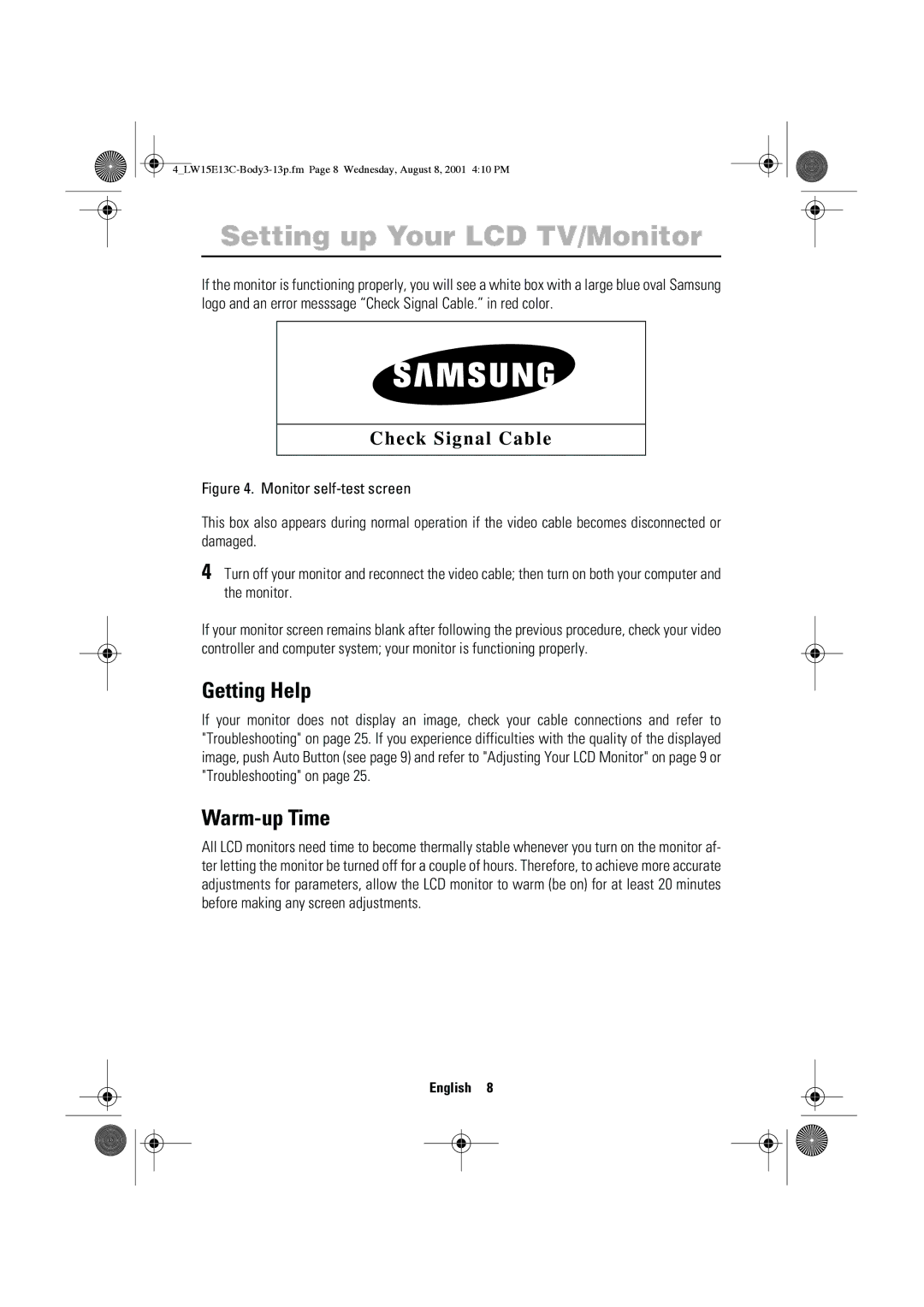 Samsung LW15E13CX/XET manual Getting Help, Warm-up Time 