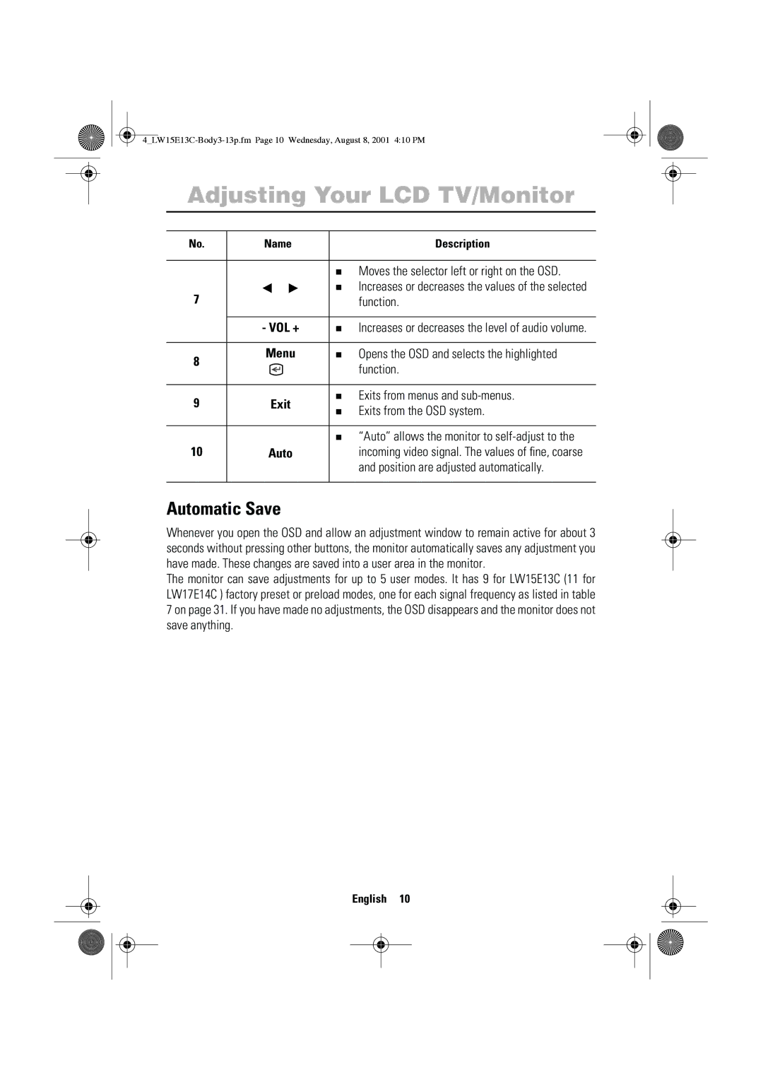 Samsung LW15E13CX/XET manual Automatic Save 