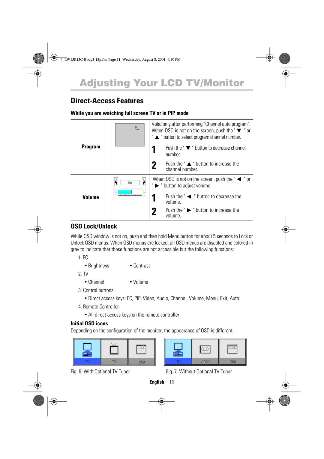 Samsung LW15E13CX/XET manual Direct-Access Features, OSD Lock/Unlock 