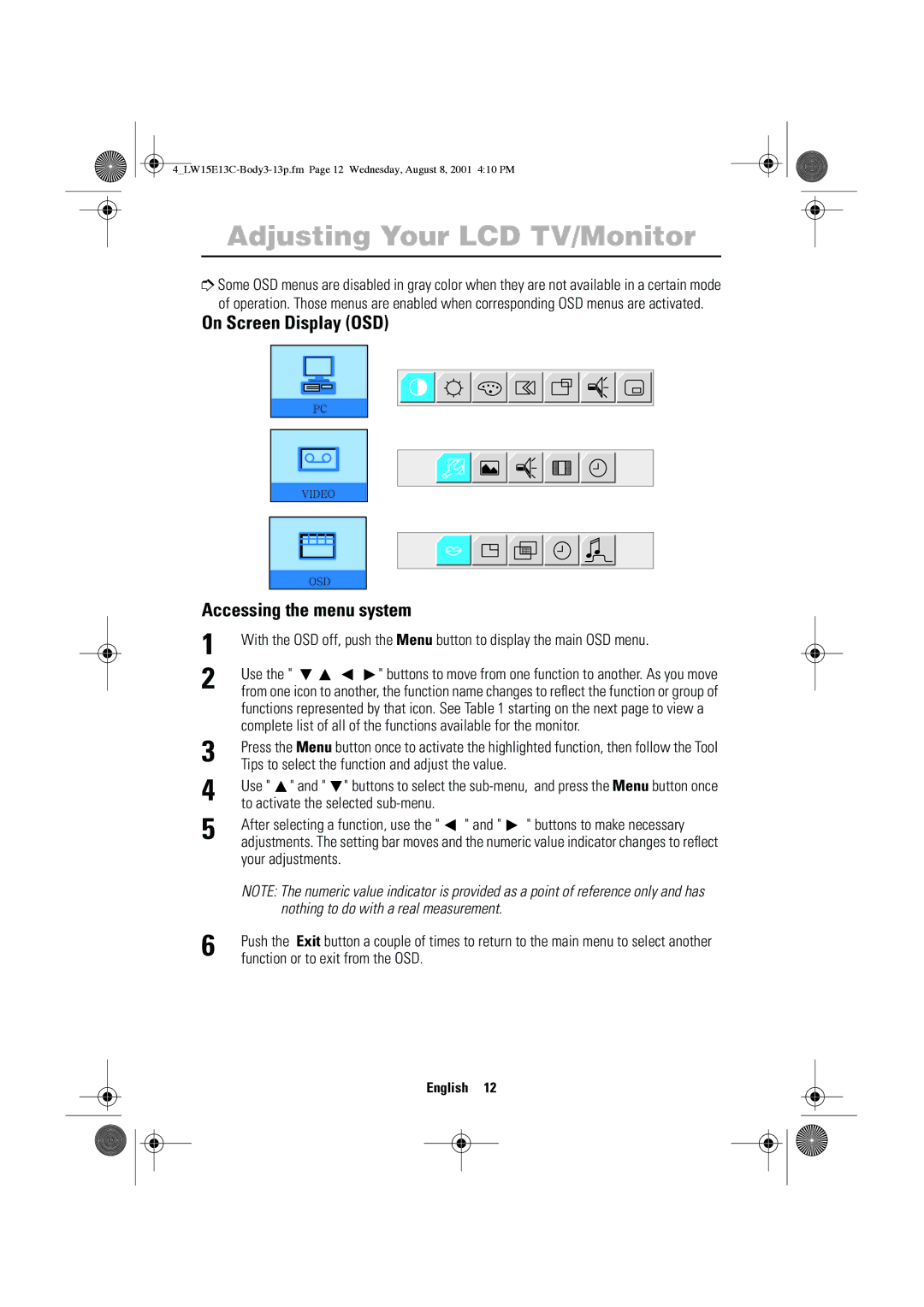 Samsung LW15E13CX/XET manual On Screen Display OSD Accessing the menu system, Use, Function or to exit from the OSD 