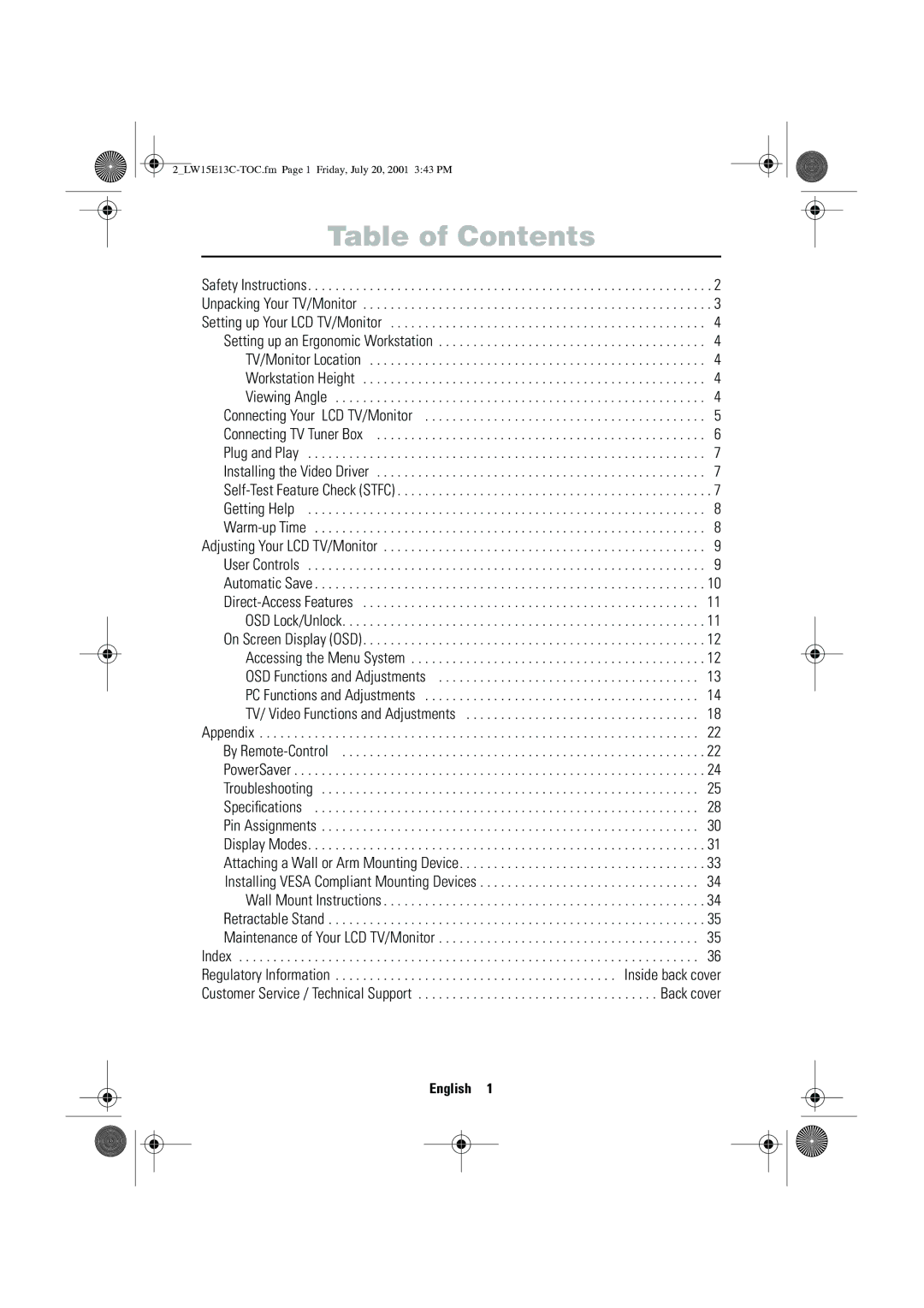 Samsung LW15E13CX/XET manual Table of Contents 