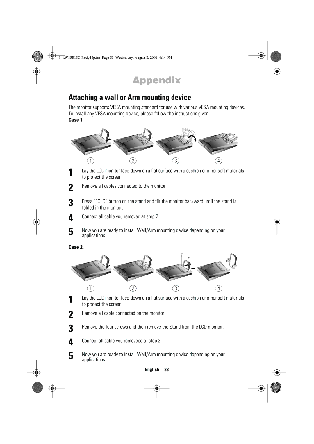 Samsung LW15E13CX/XET manual Attaching a wall or Arm mounting device, Case 