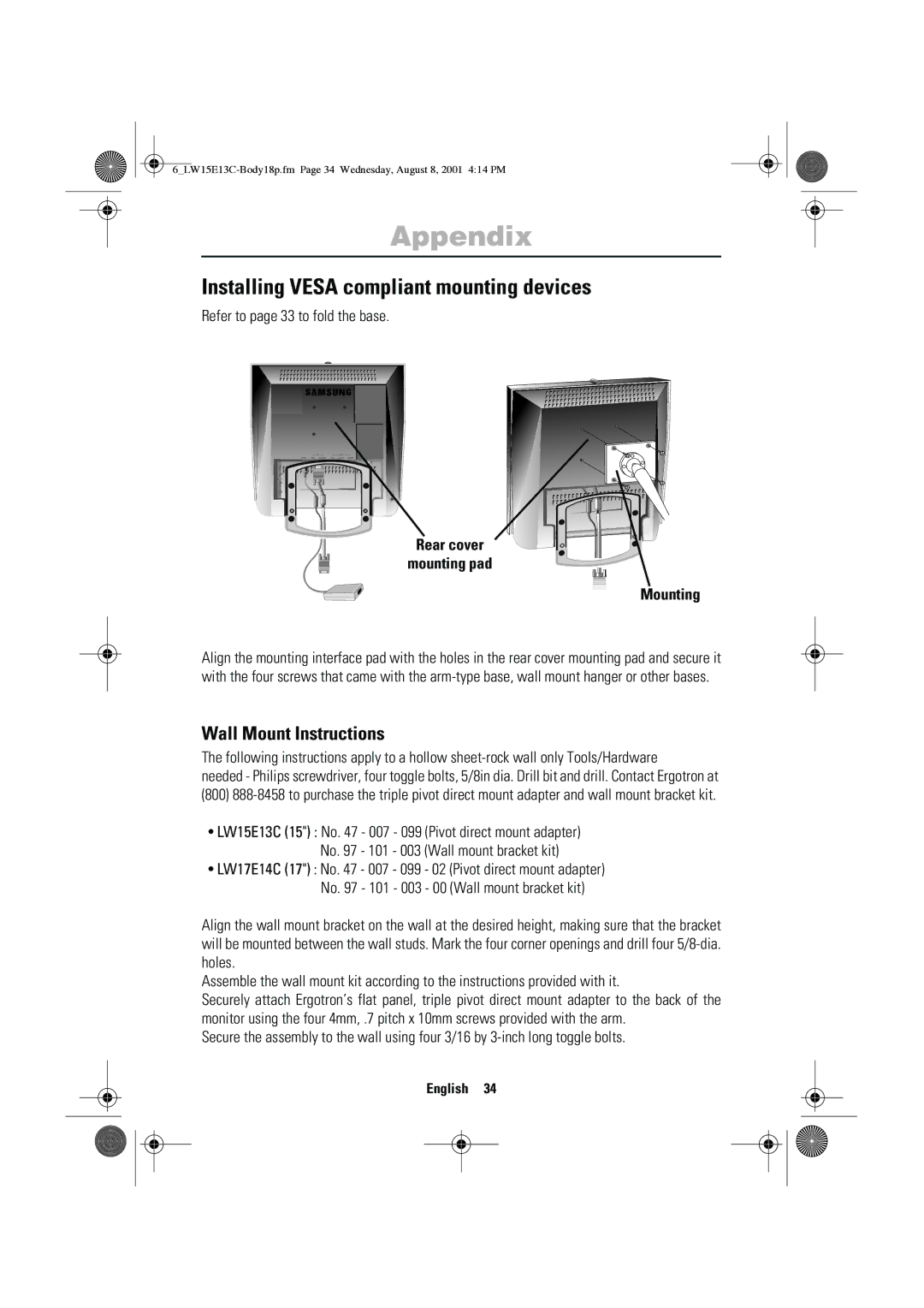 Samsung LW15E13CX/XET manual Installing Vesa compliant mounting devices, Wall Mount Instructions, Rear cover Mounting pad 