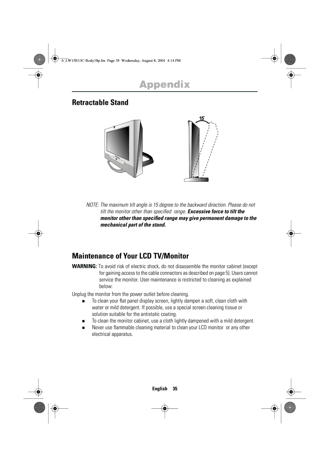 Samsung LW15E13CX/XET manual Retractable Stand Maintenance of Your LCD TV/Monitor 