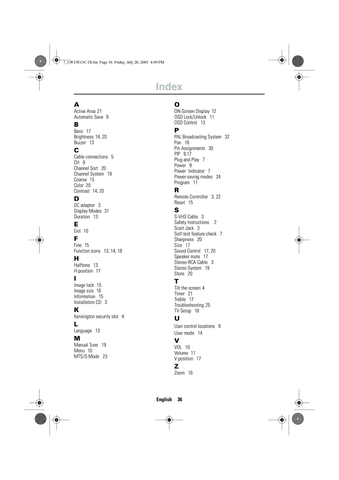 Samsung LW15E13CX/XET manual Index 