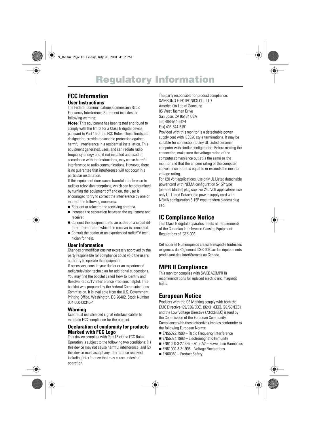 Samsung LW15E13CX/XET manual FCC Information, IC Compliance Notice, MPR II Compliance, European Notice 