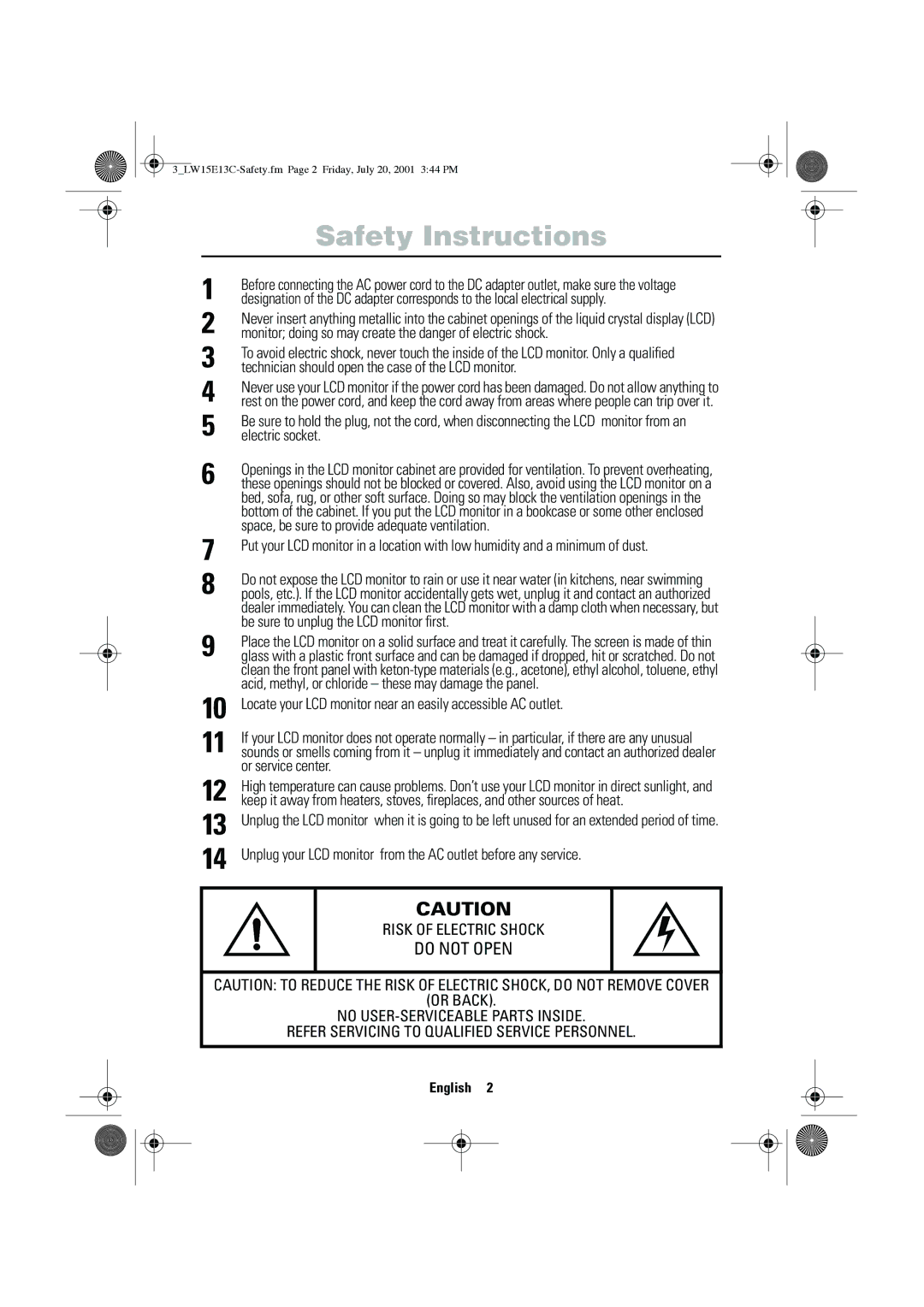 Samsung LW15E13CX/XET manual Monitor doing so may create the danger of electric shock, Electric socket 