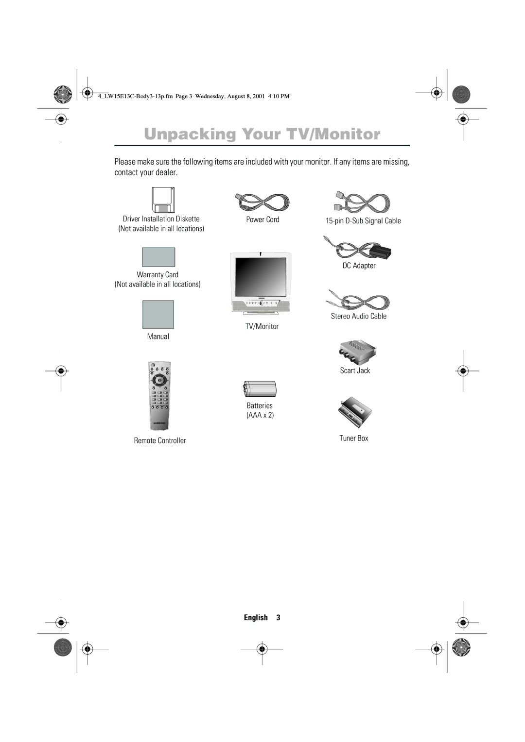 Samsung LW15E13CX/XET manual Unpacking Your TV/Monitor 