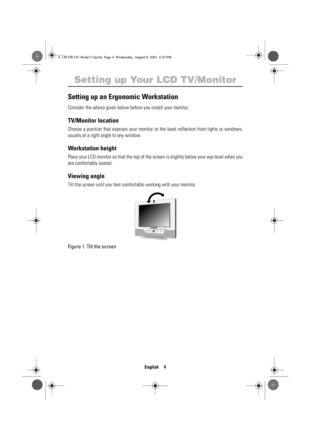 Samsung LW15E13CX/XET manual Setting up an Ergonomic Workstation, TV/Monitor location, Workstation height, Viewing angle 