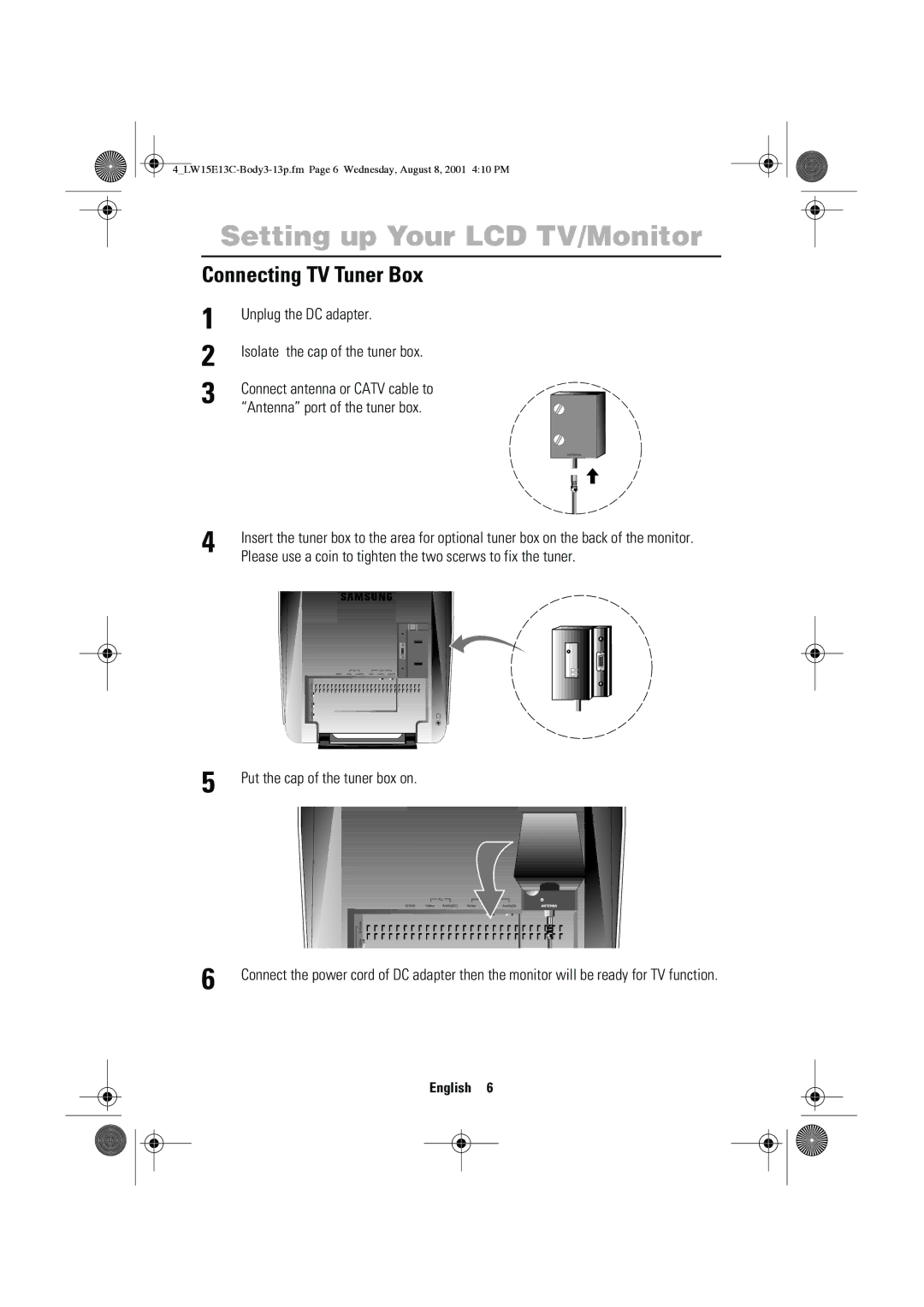 Samsung LW15E13CX/XET manual Connecting TV Tuner Box, Unplug the DC adapter Isolate the cap of the tuner box 