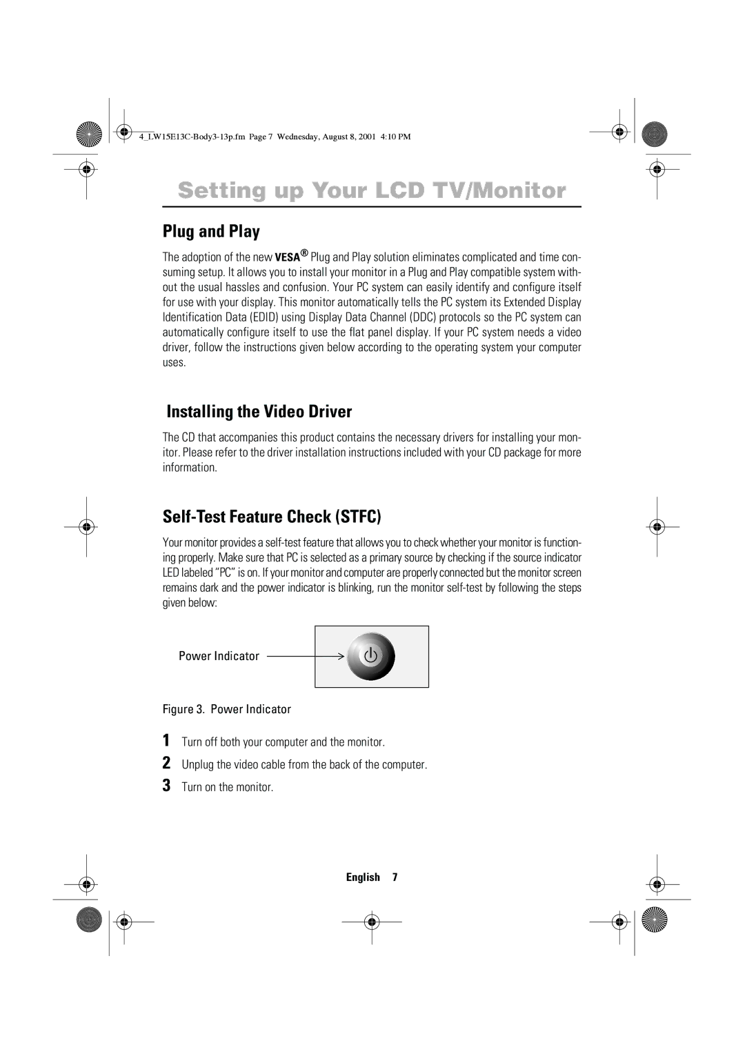 Samsung LW15E13CX/XET manual Plug and Play, Installing the Video Driver, Self-Test Feature Check Stfc, Power Indicator 