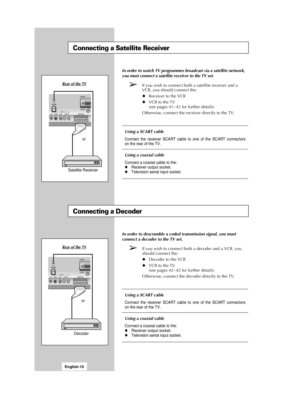 Samsung LW15S13C manual Connecting a Satellite Receiver, Connecting a Decoder, Using a Scart cable, Using a coaxial cable 