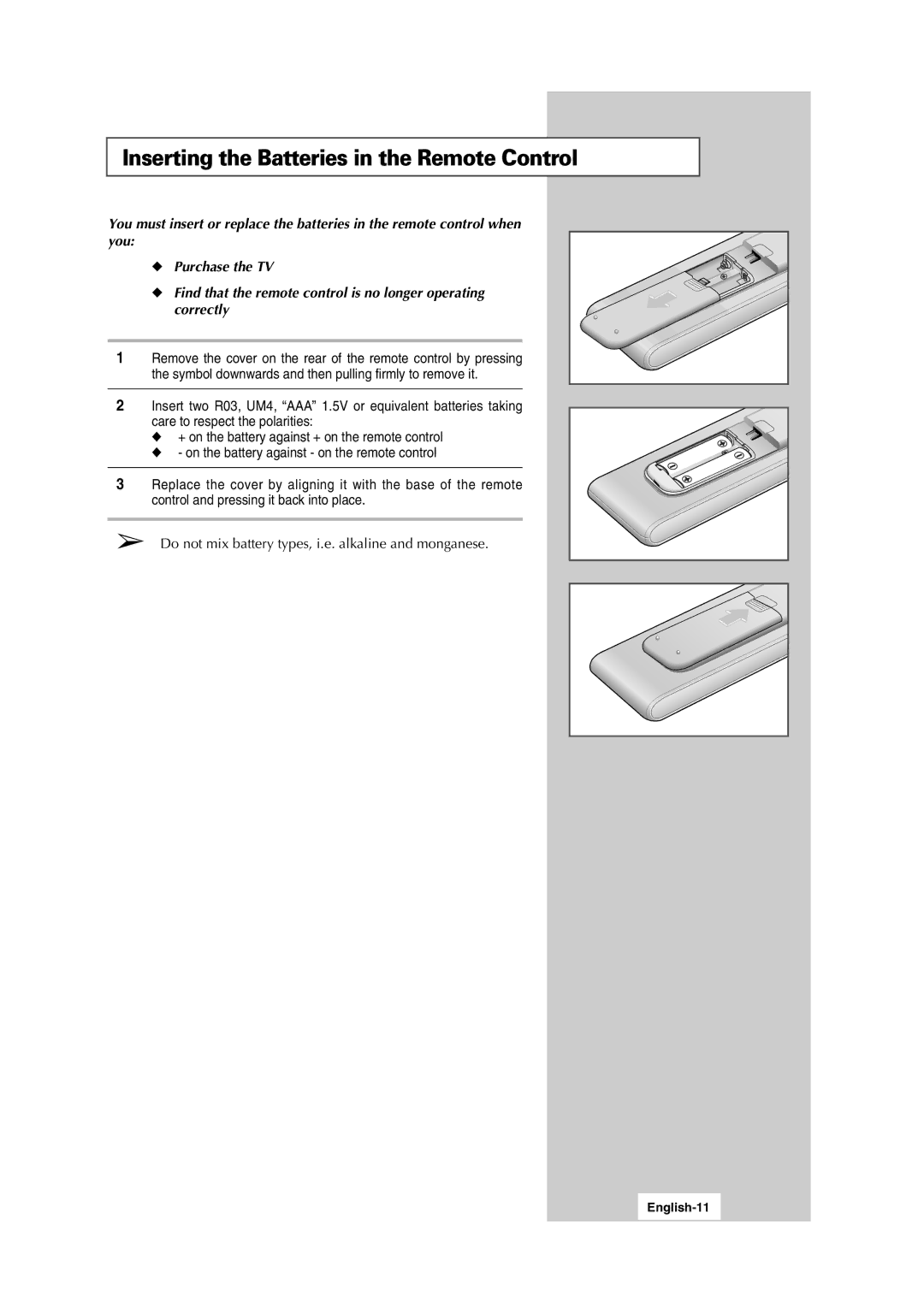 Samsung LW15S13C manual Inserting the Batteries in the Remote Control, English-11 