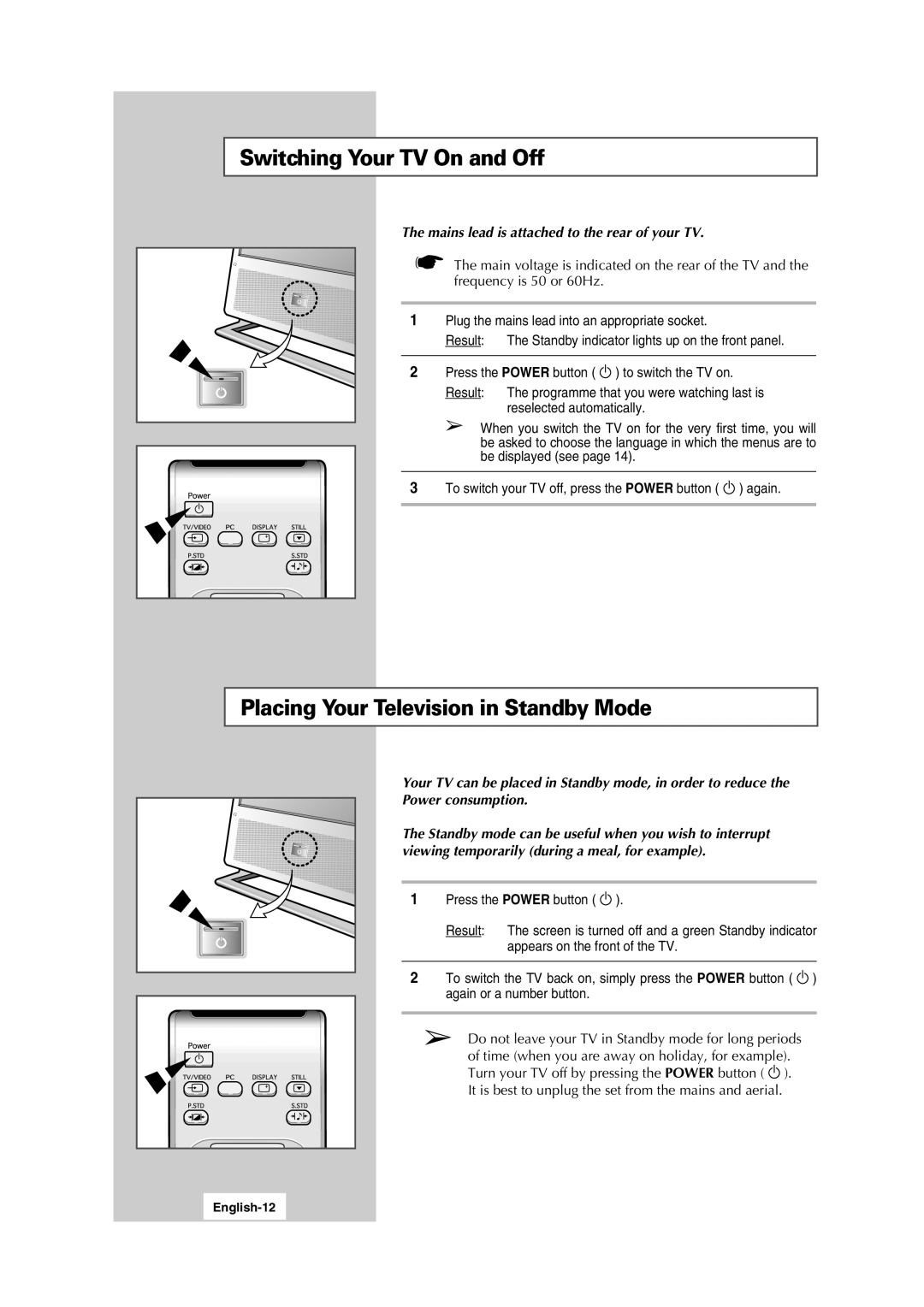 Samsung LW15S13C manual Switching Your TV On and Off, Placing Your Television in Standby Mode, English-12 