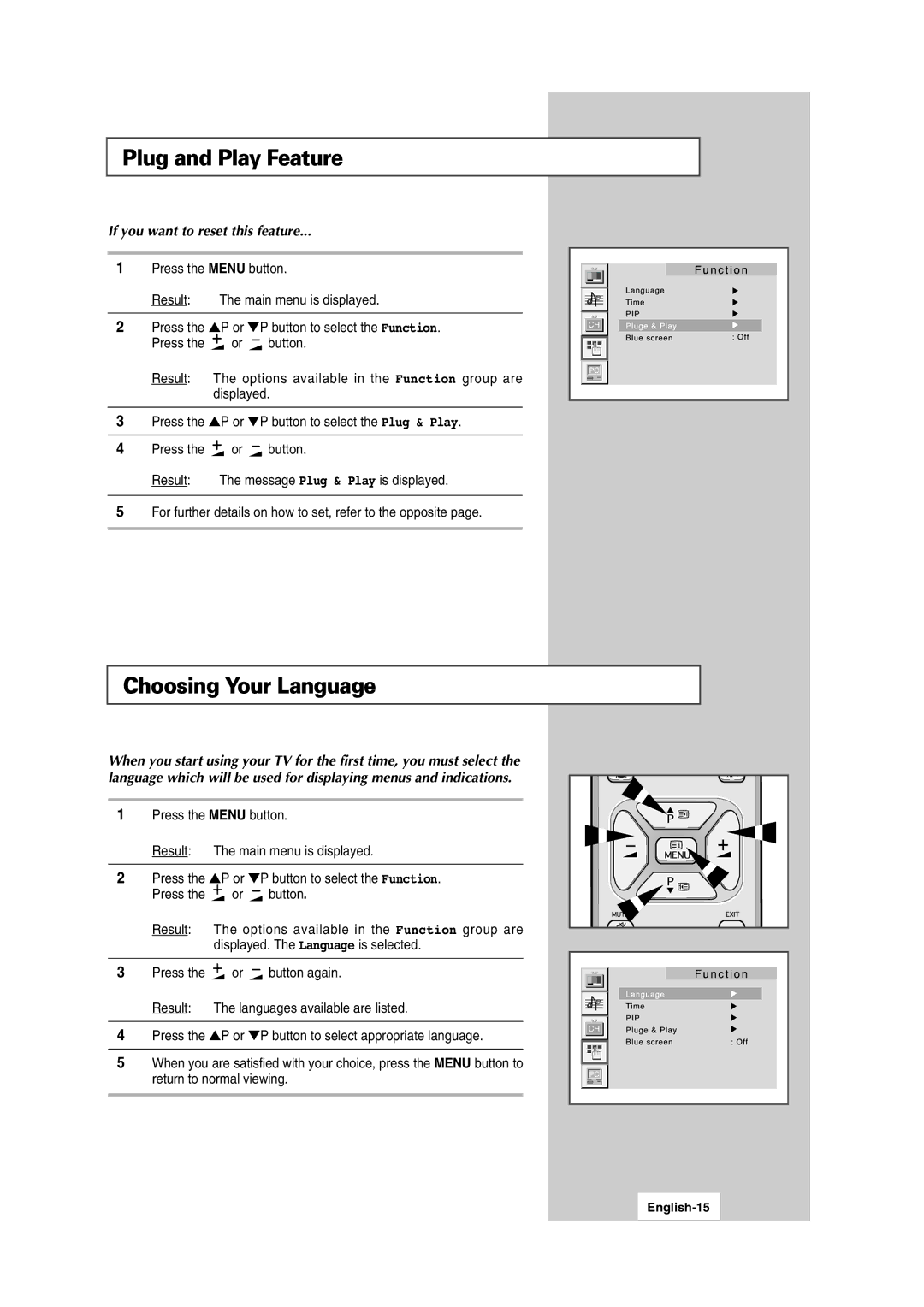 Samsung LW15S13C manual Choosing Your Language, If you want to reset this feature, English-15 