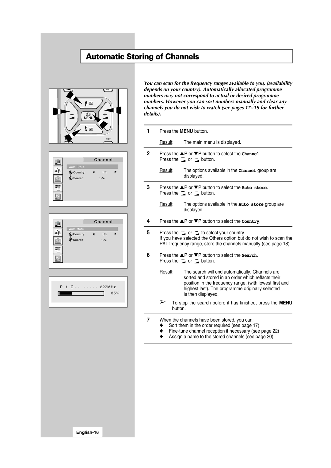 Samsung LW15S13C manual Automatic Storing of Channels, English-16 