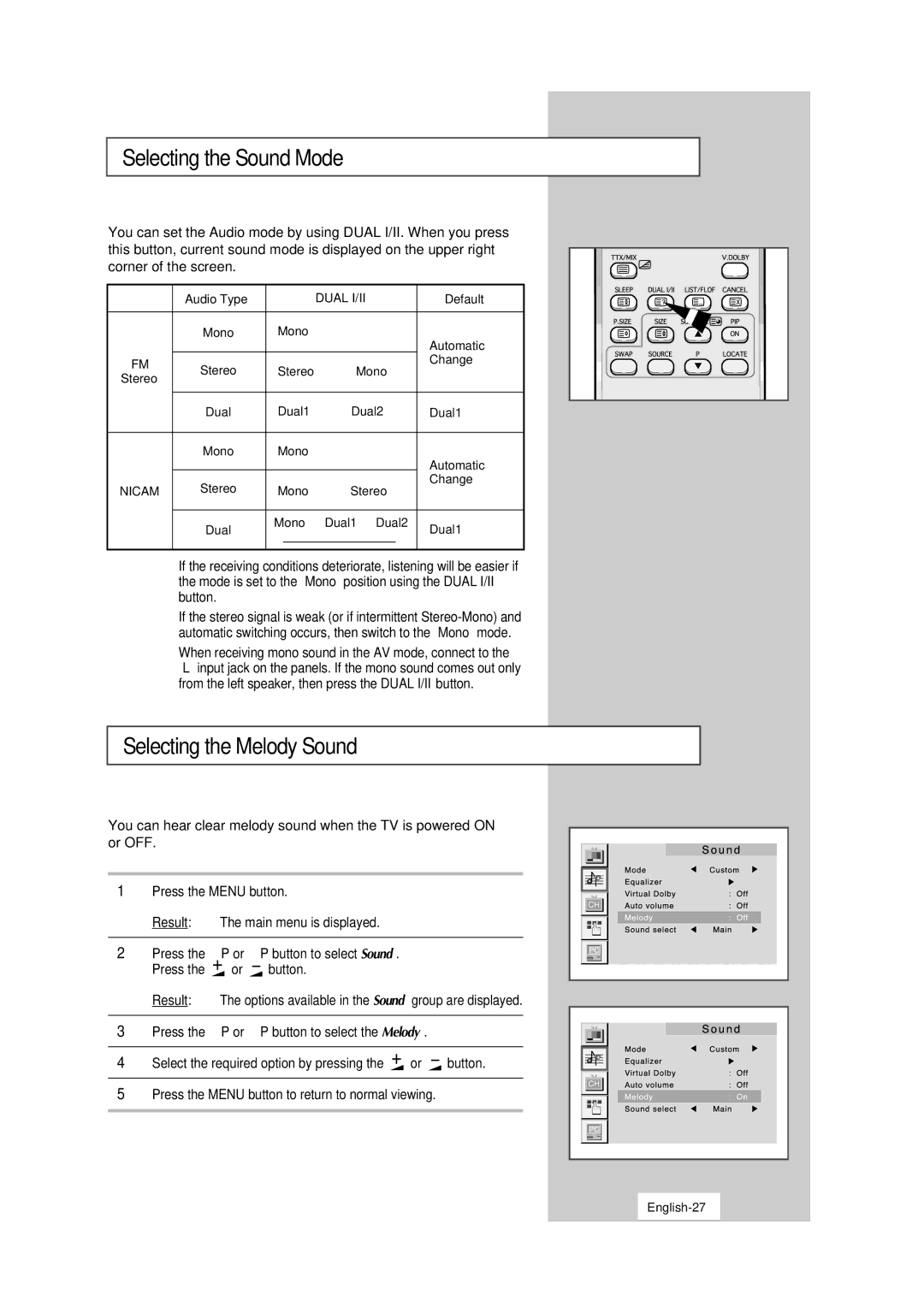 Samsung LW15S13C manual Selecting the Sound Mode, Selecting the Melody Sound, Press the P or P button to select the Melody 