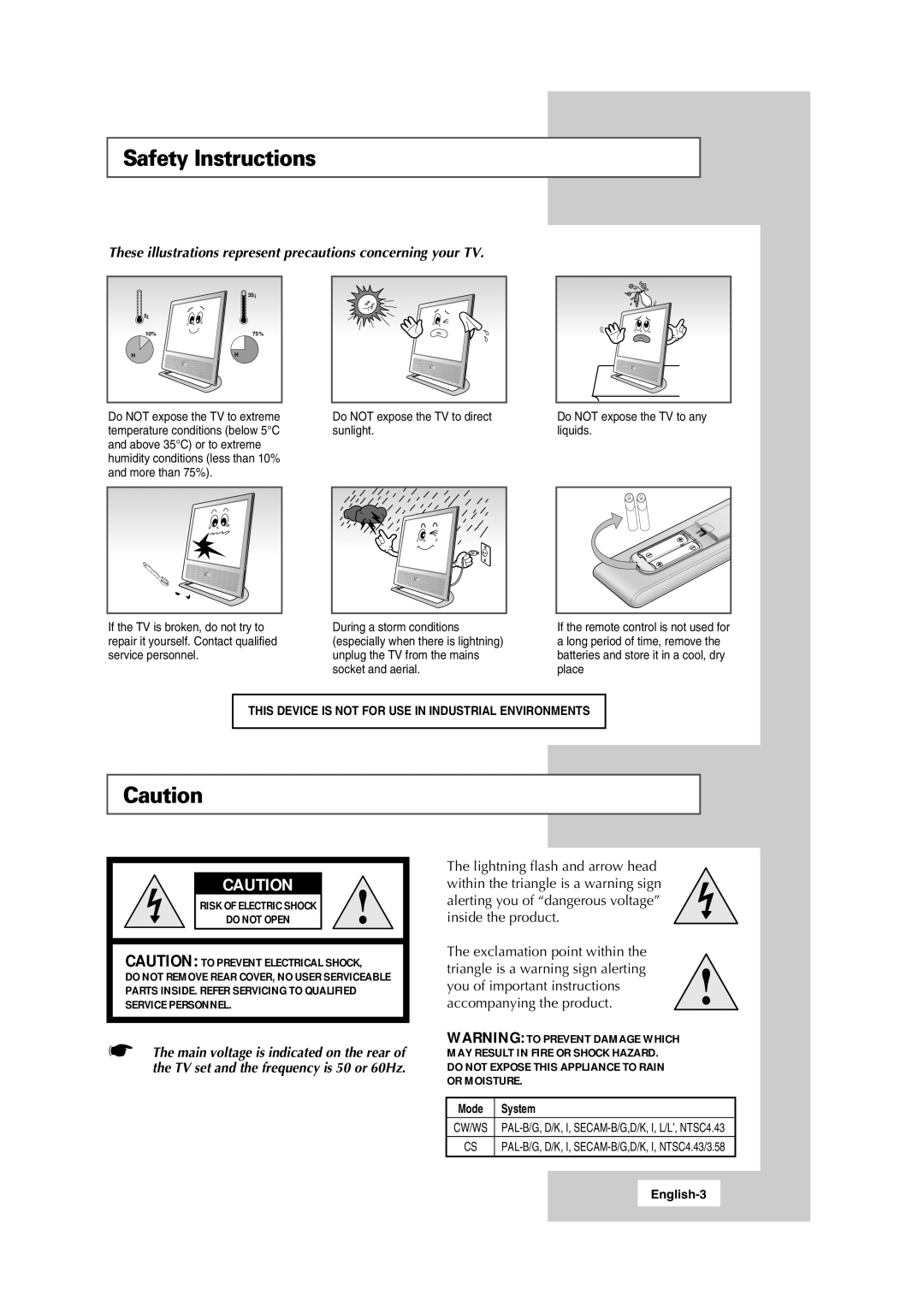 Samsung LW15S13C manual Safety Instructions, System, English-3 